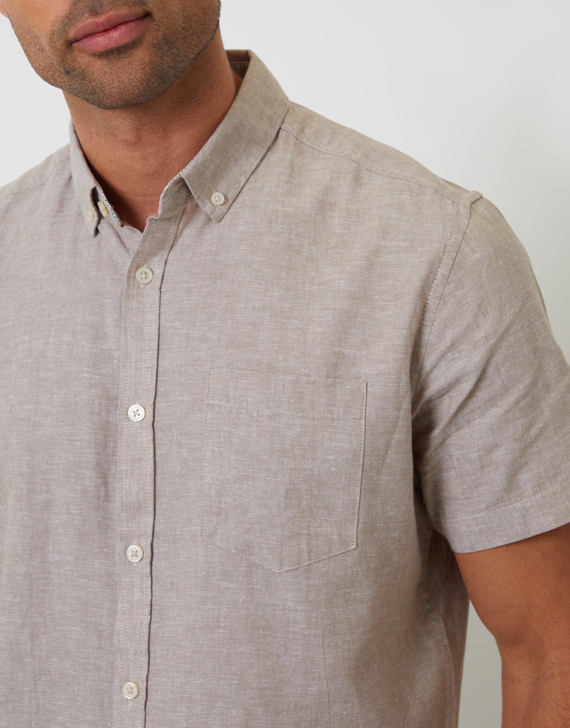 Short Sleeve Linen Blend Shirt in Taupe - Image 4