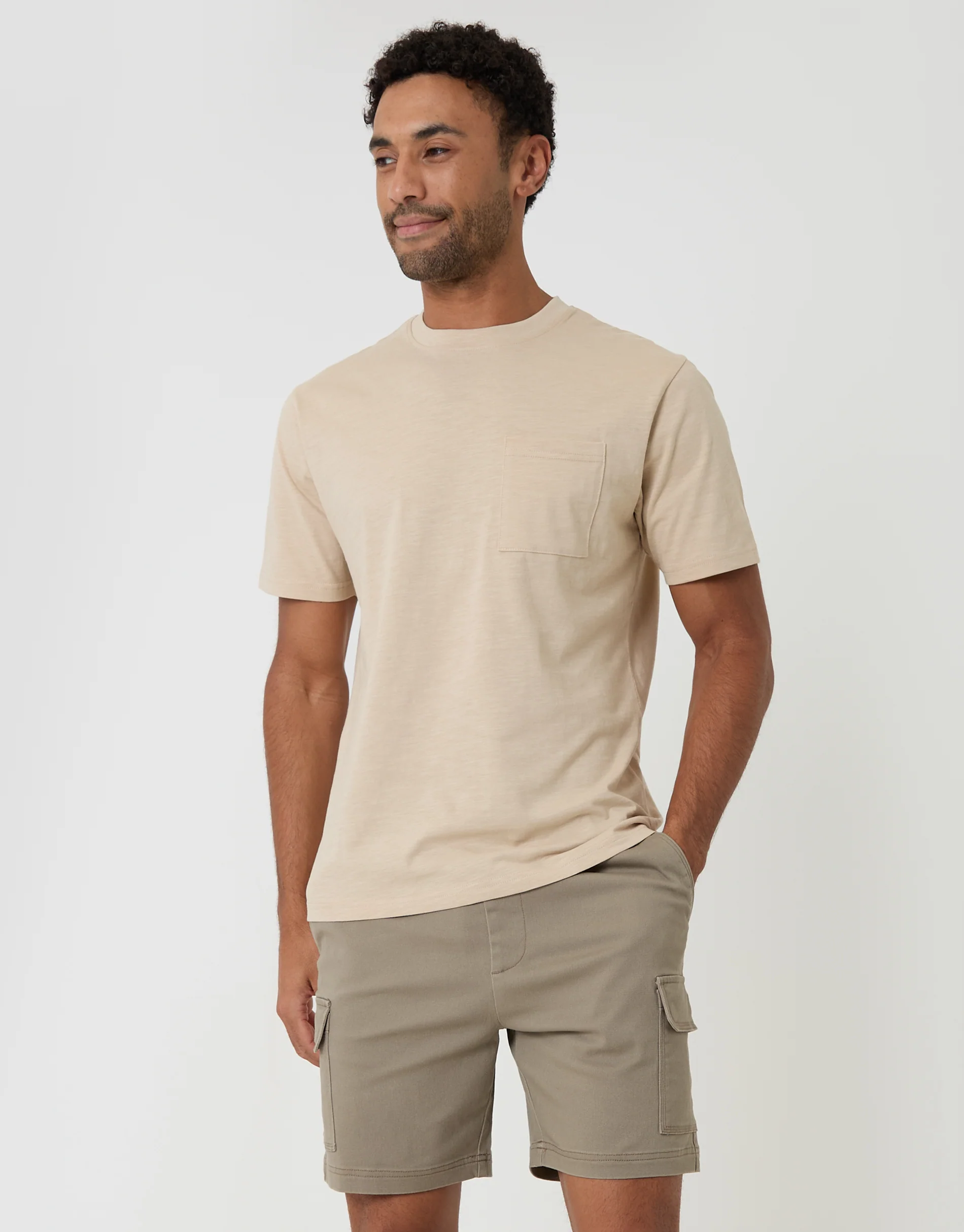 Shorter Length Elasticated Waist Stretch Cargo Shorts in Taupe