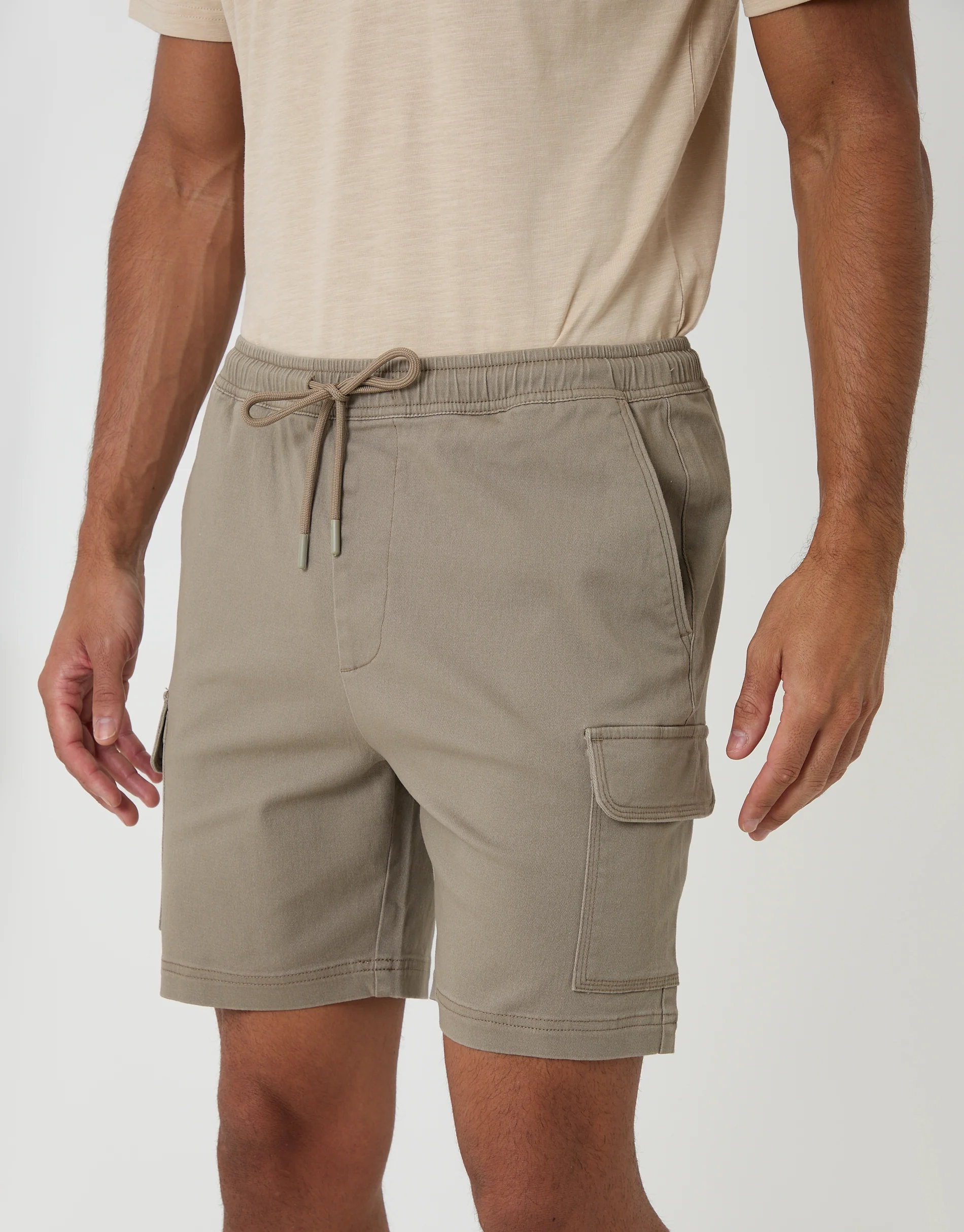 Shorter Length Elasticated Waist Stretch Cargo Shorts in Taupe - Image 2