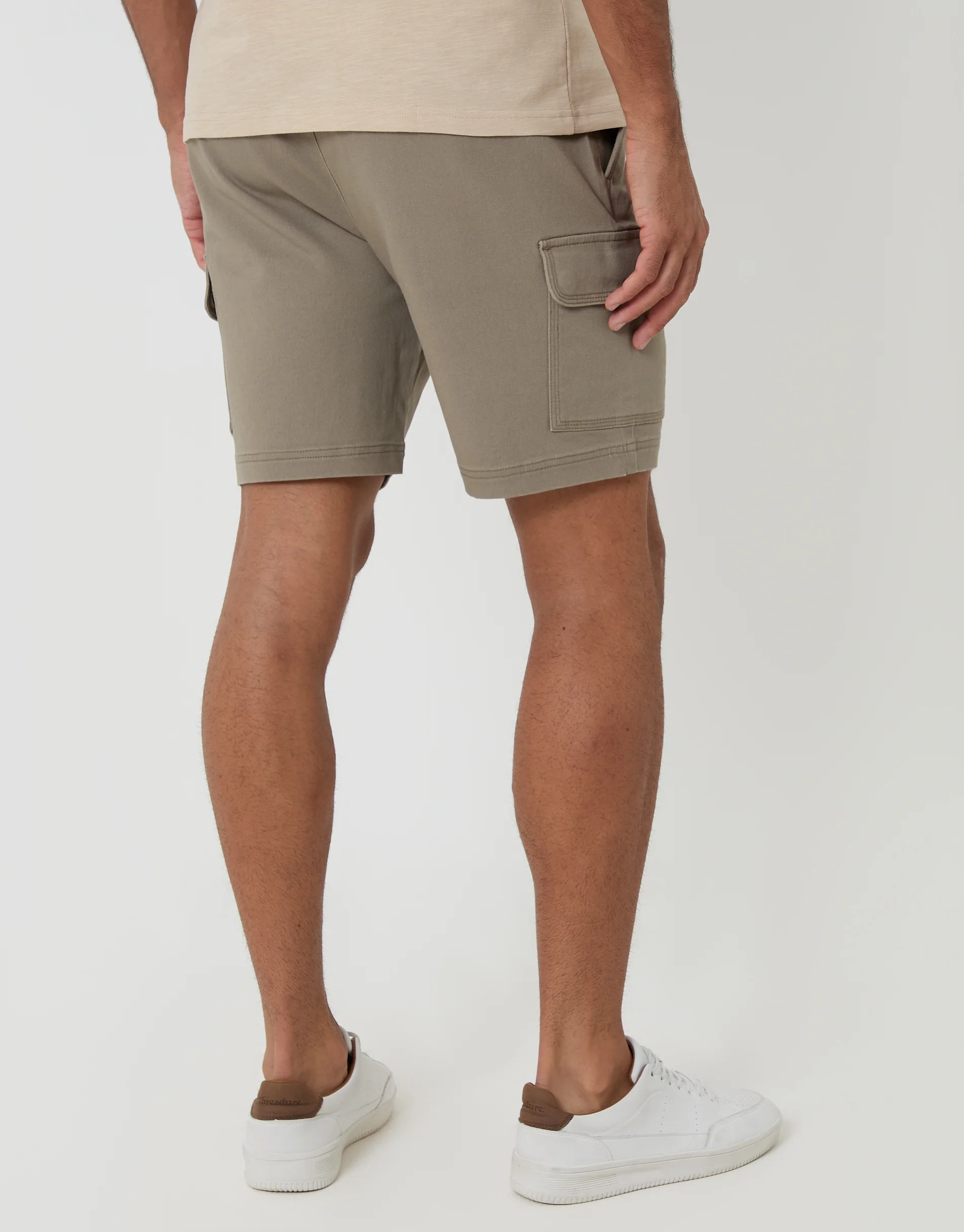 Shorter Length Elasticated Waist Stretch Cargo Shorts in Taupe - Image 4