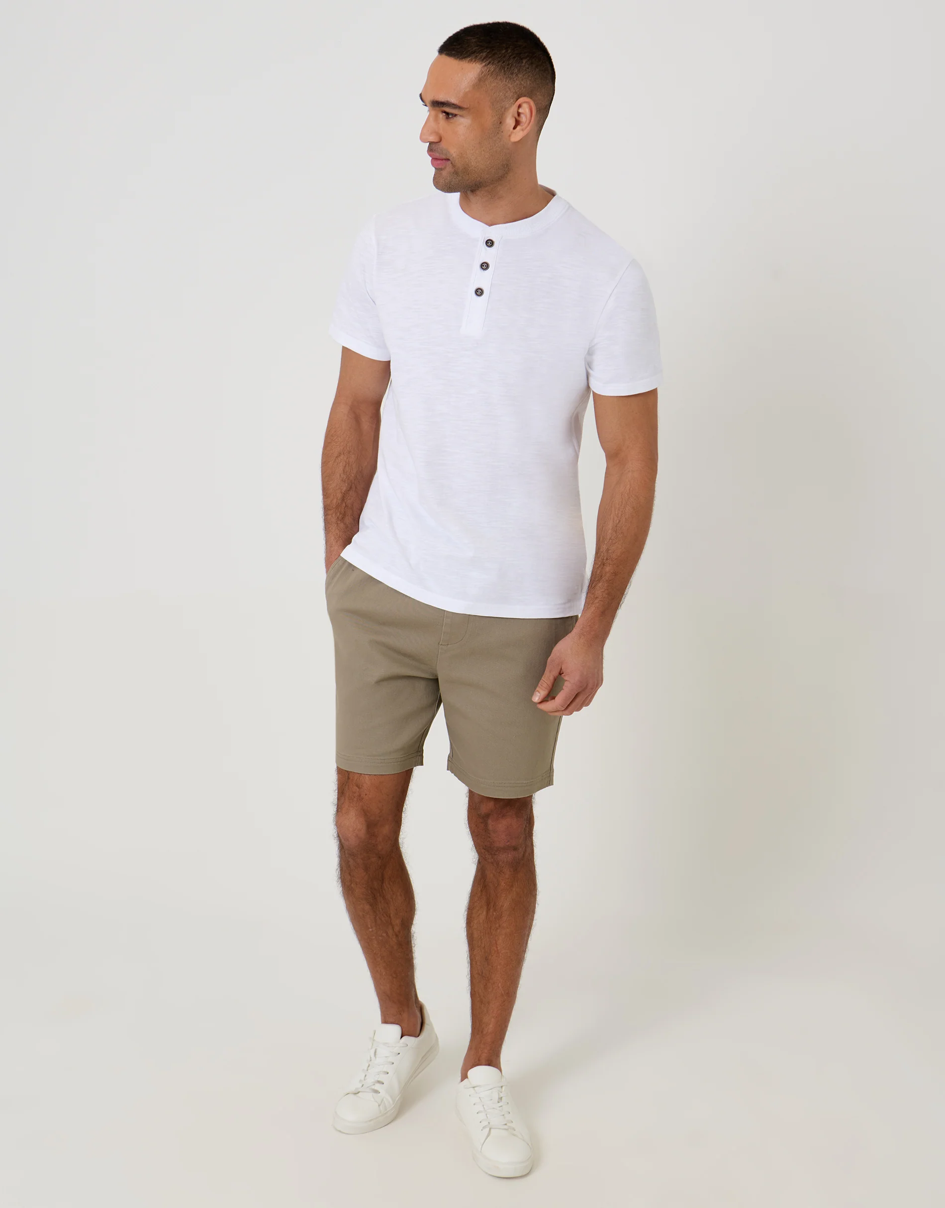 Shorter Length Elasticated Waist Stretch Chino Shorts in Taupe - Image 3