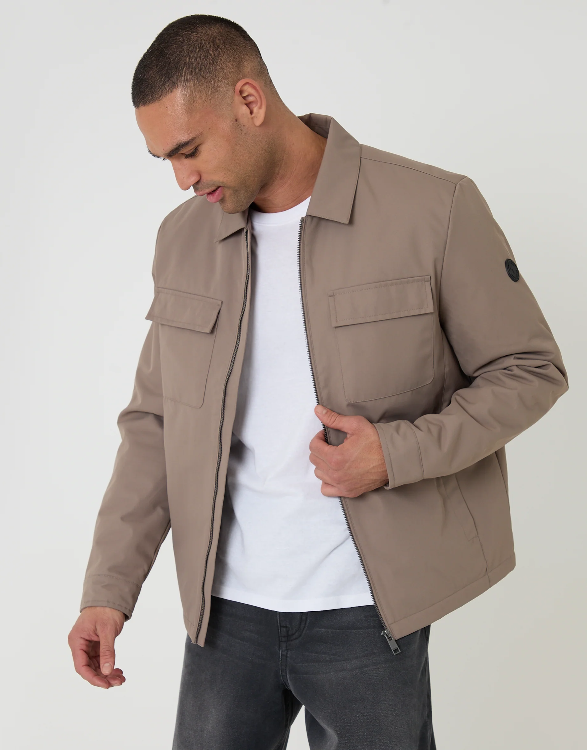 Showerproof Lightweight Collared Zip Up Jacket in Taupe - Image 5