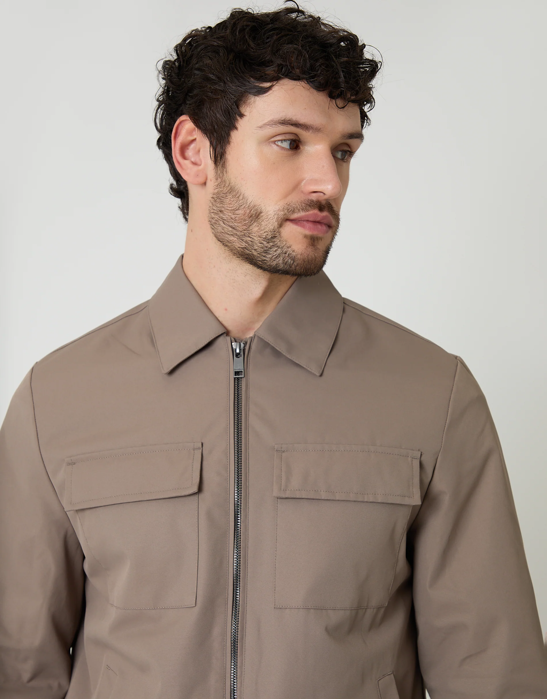 Showerproof Lightweight Zip Up Jacket With Collar in Taupe - Image 3