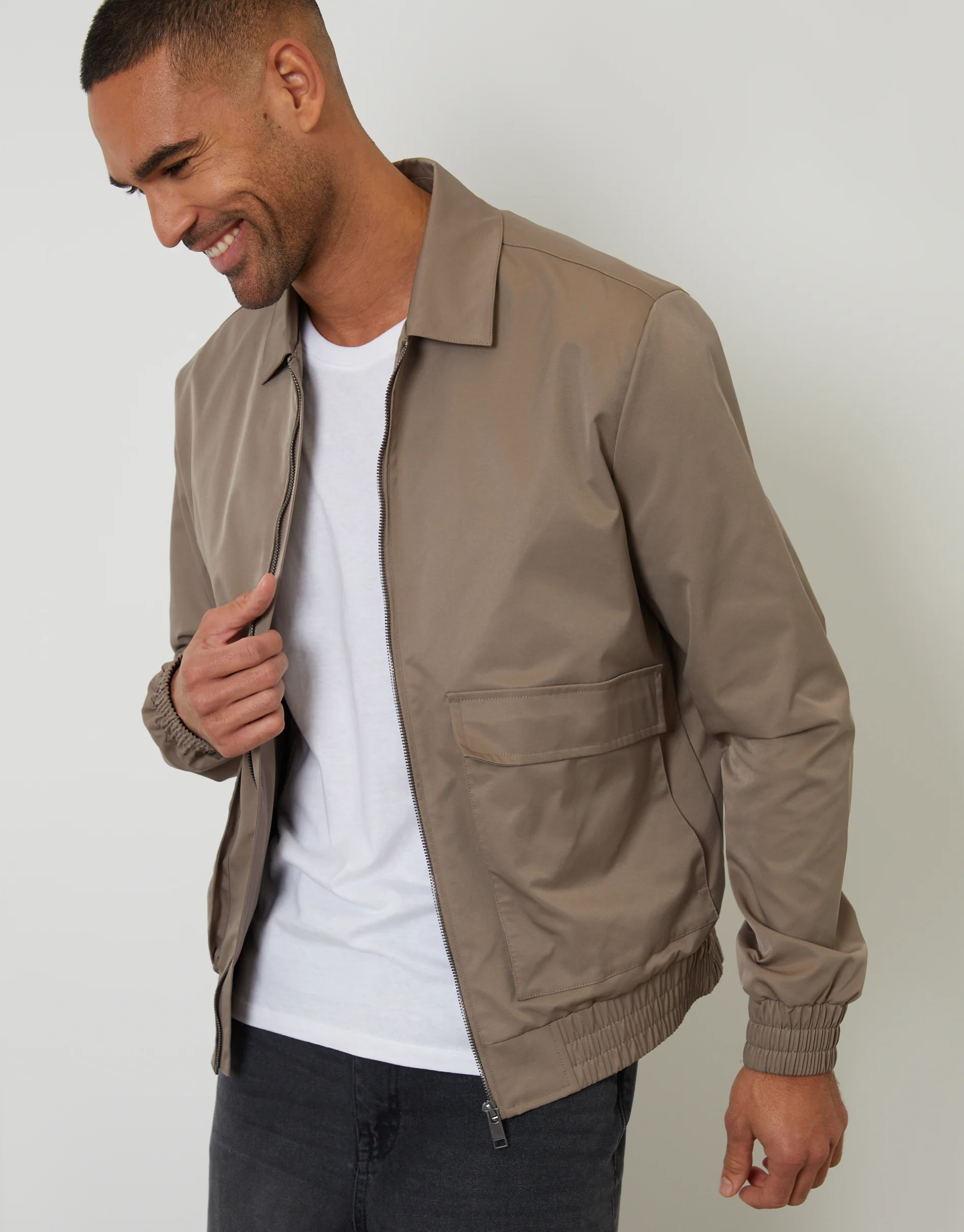 Showerproof Patch Pocket Zip Up Collared Jacket in Taupe