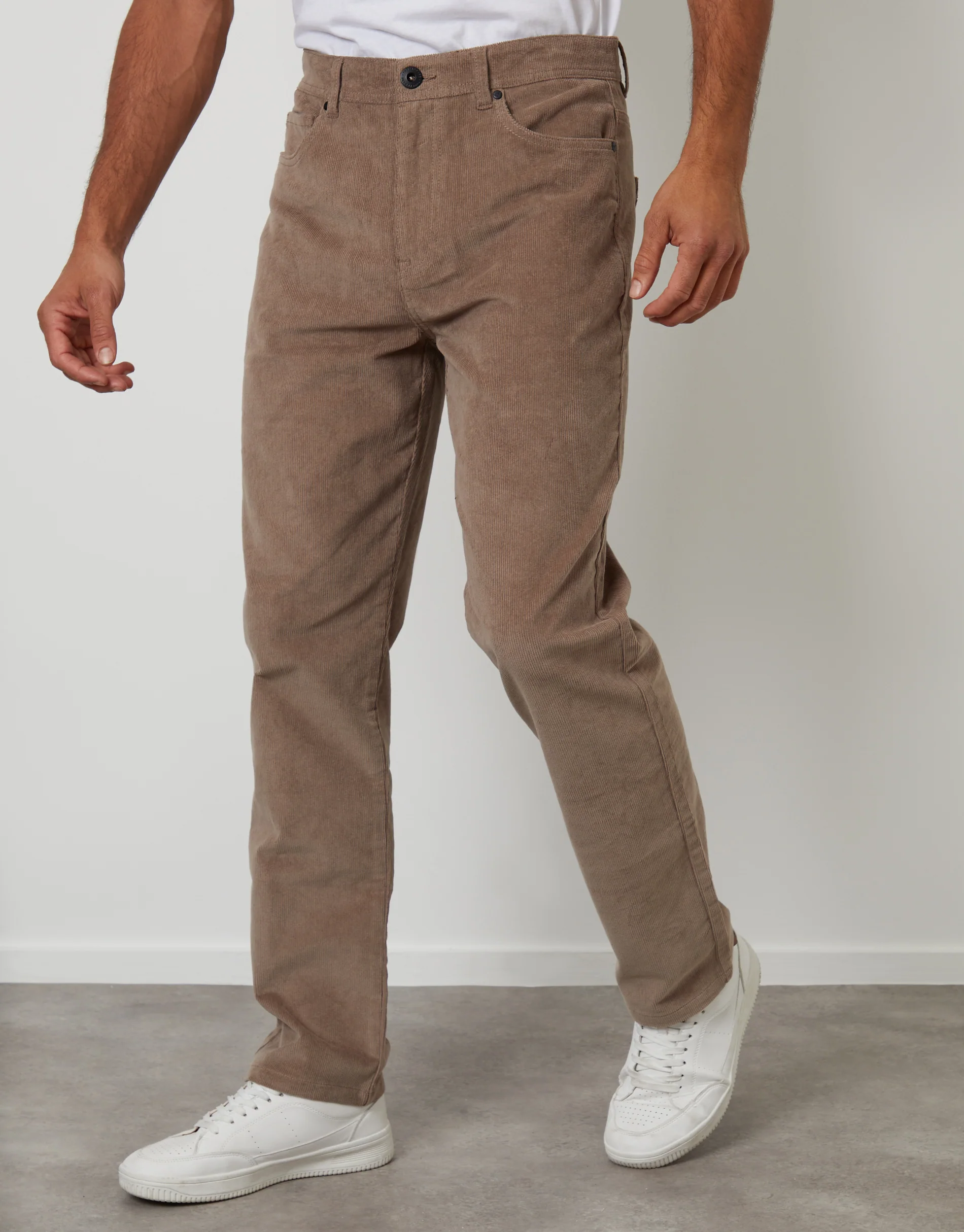Straight Leg 5 Pocket Stretch Corduroy Trousers in Taupe - Image 2