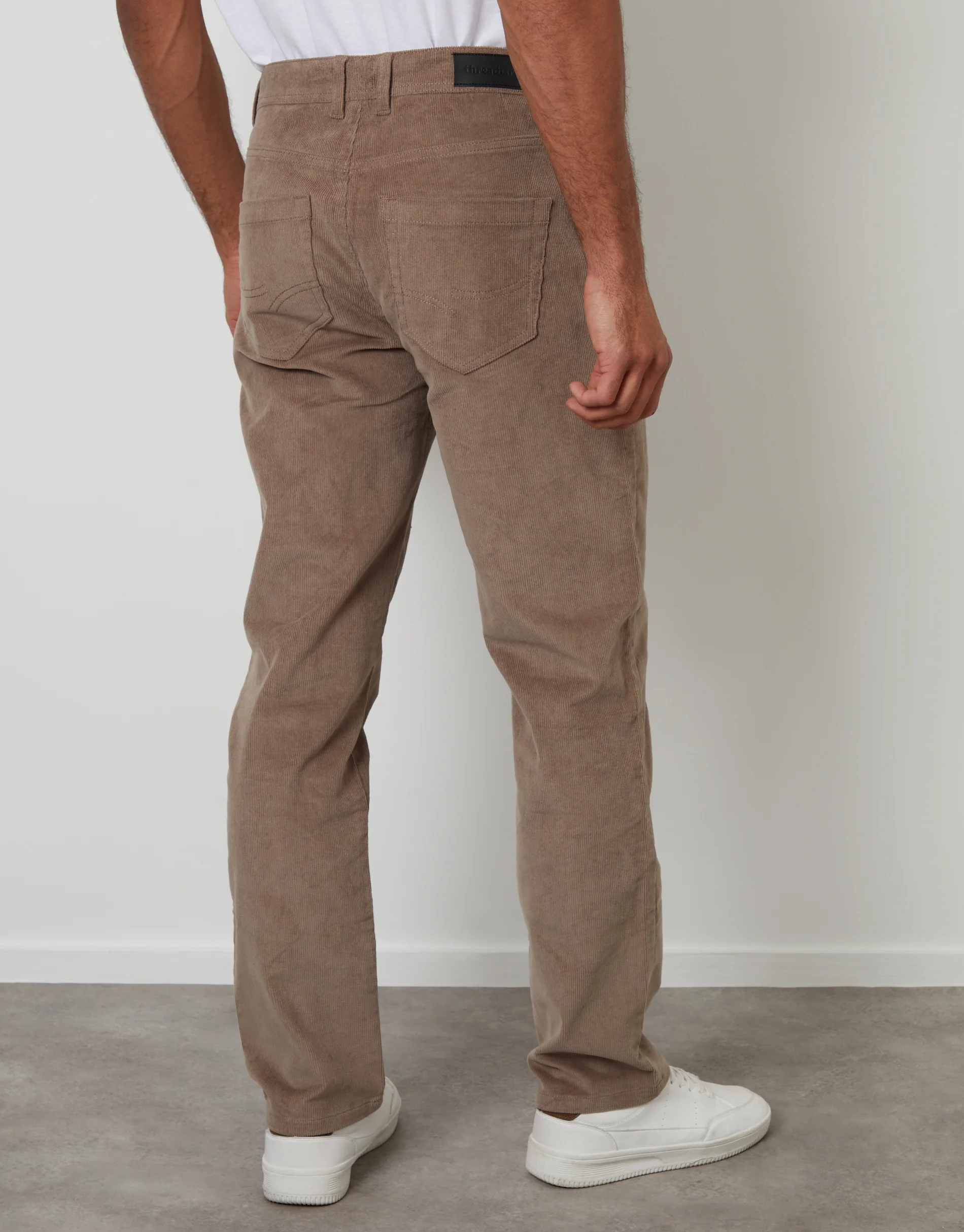 Straight Leg 5 Pocket Stretch Corduroy Trousers in Taupe - Image 3