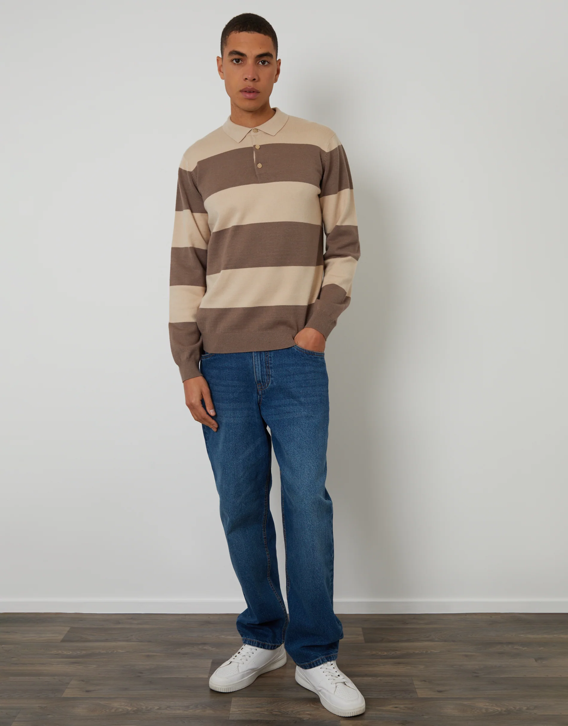 Knitted Long Sleeve Rugby Polo in Taupe Stripe - Image 3