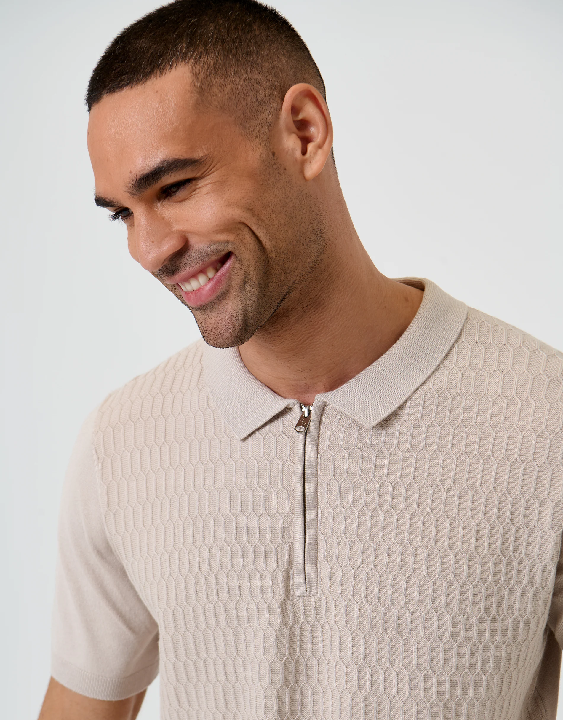 Textured Knit Quarter Zip Polo in Taupe - Image 4