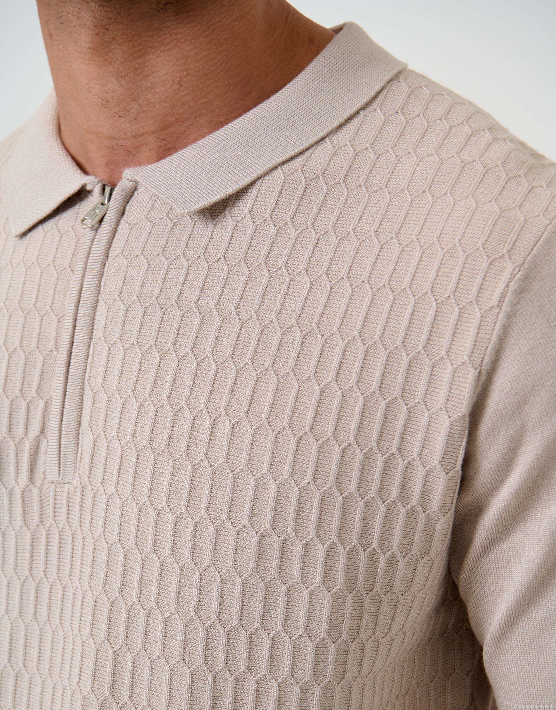 Textured Knit Quarter Zip Polo in Taupe - Image 5