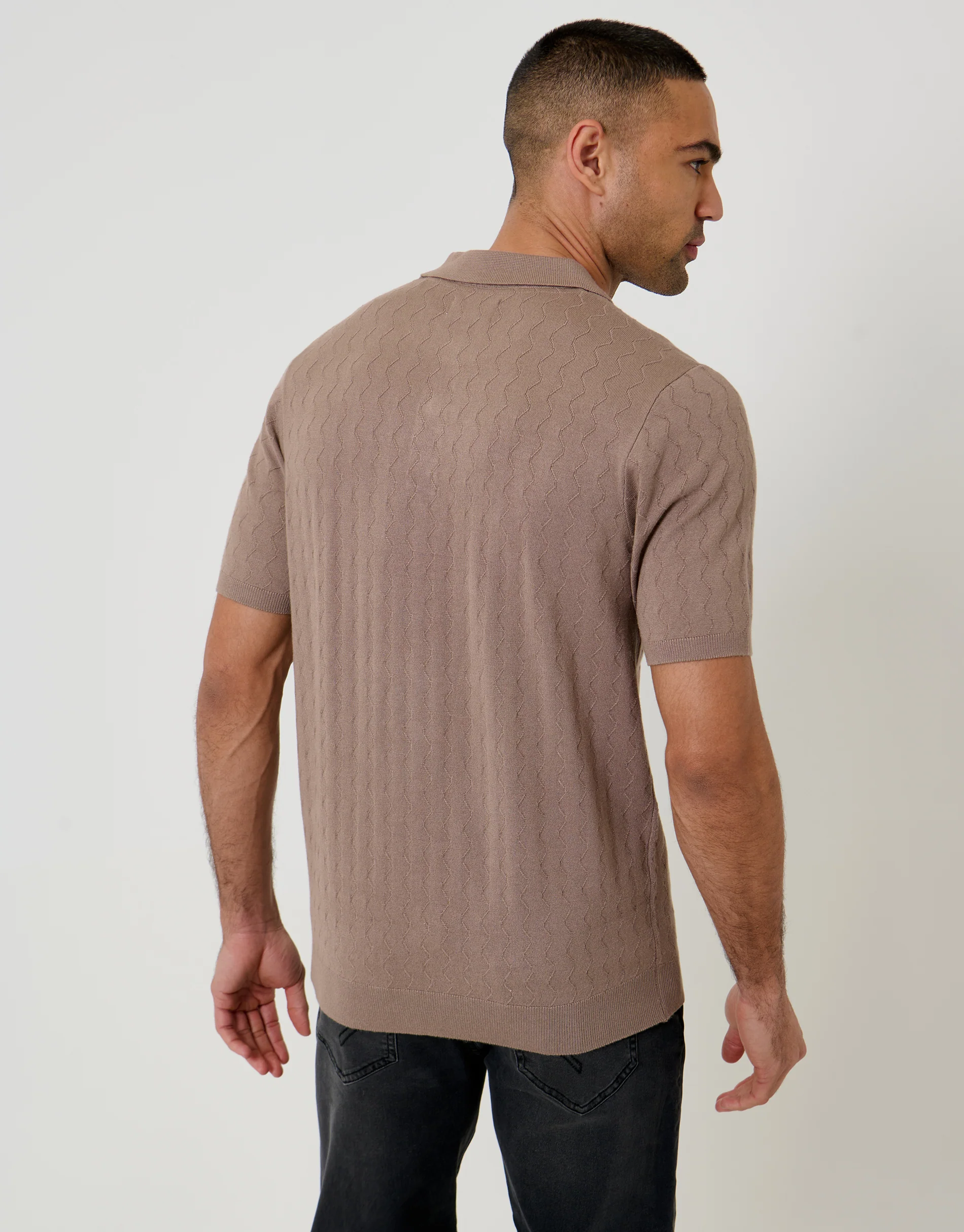 Zig Zag Stitch Knitted Polo in Taupe - Image 2