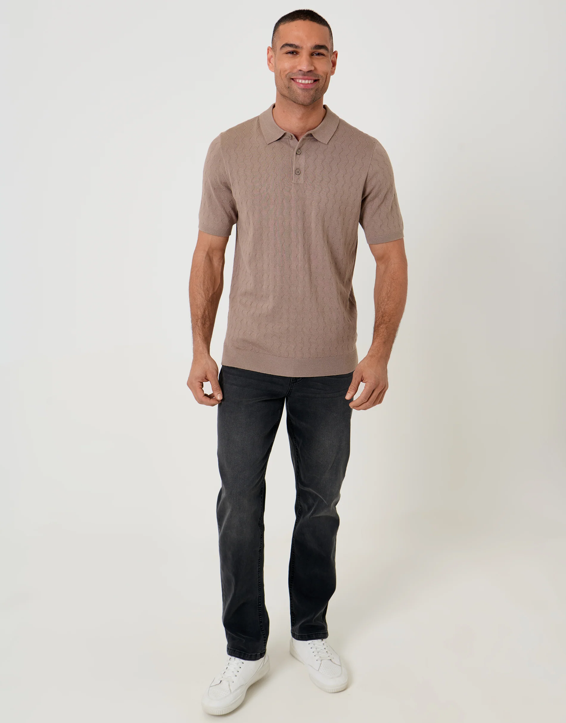 Zig Zag Stitch Knitted Polo in Taupe - Image 3