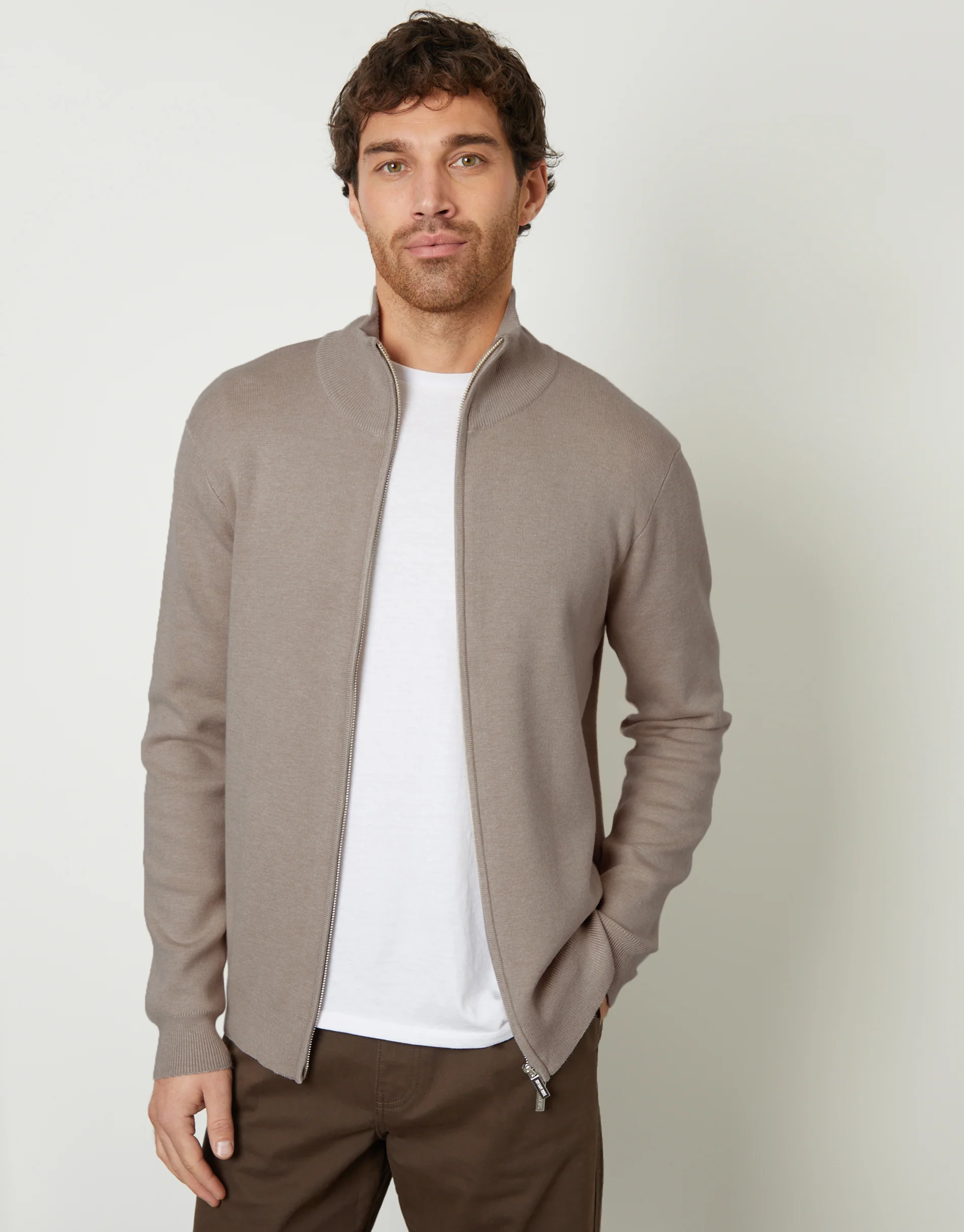 Zip-Through Funnel Neck Knitted Cardigan in Taupe