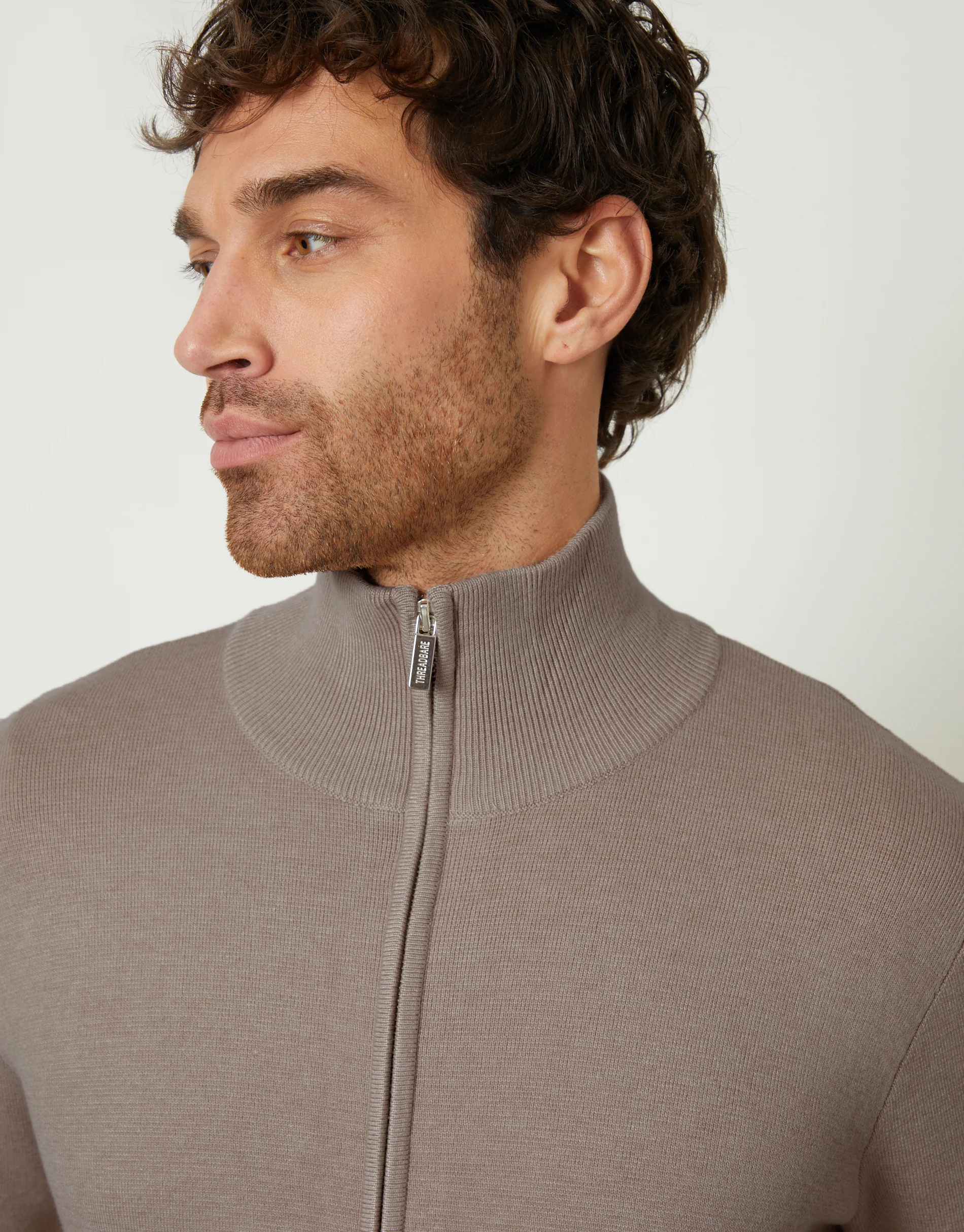 Zip-Through Funnel Neck Knitted Cardigan in Taupe - Image 4