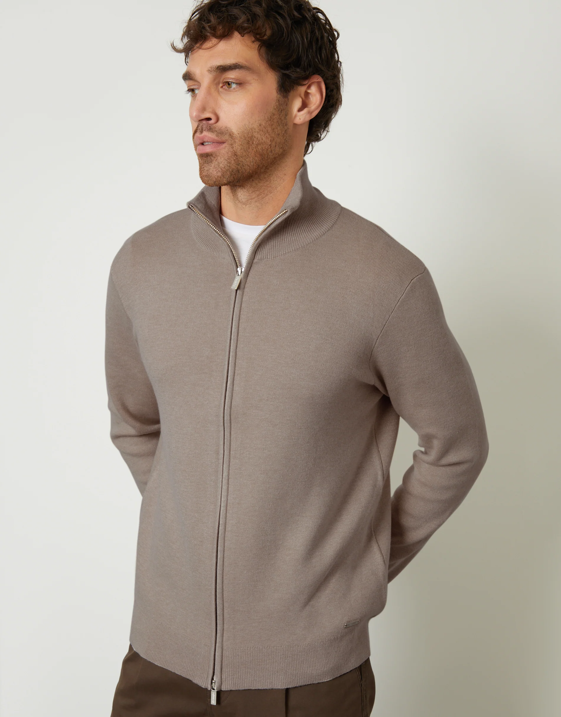 Zip-Through Funnel Neck Knitted Cardigan in Taupe - Image 5