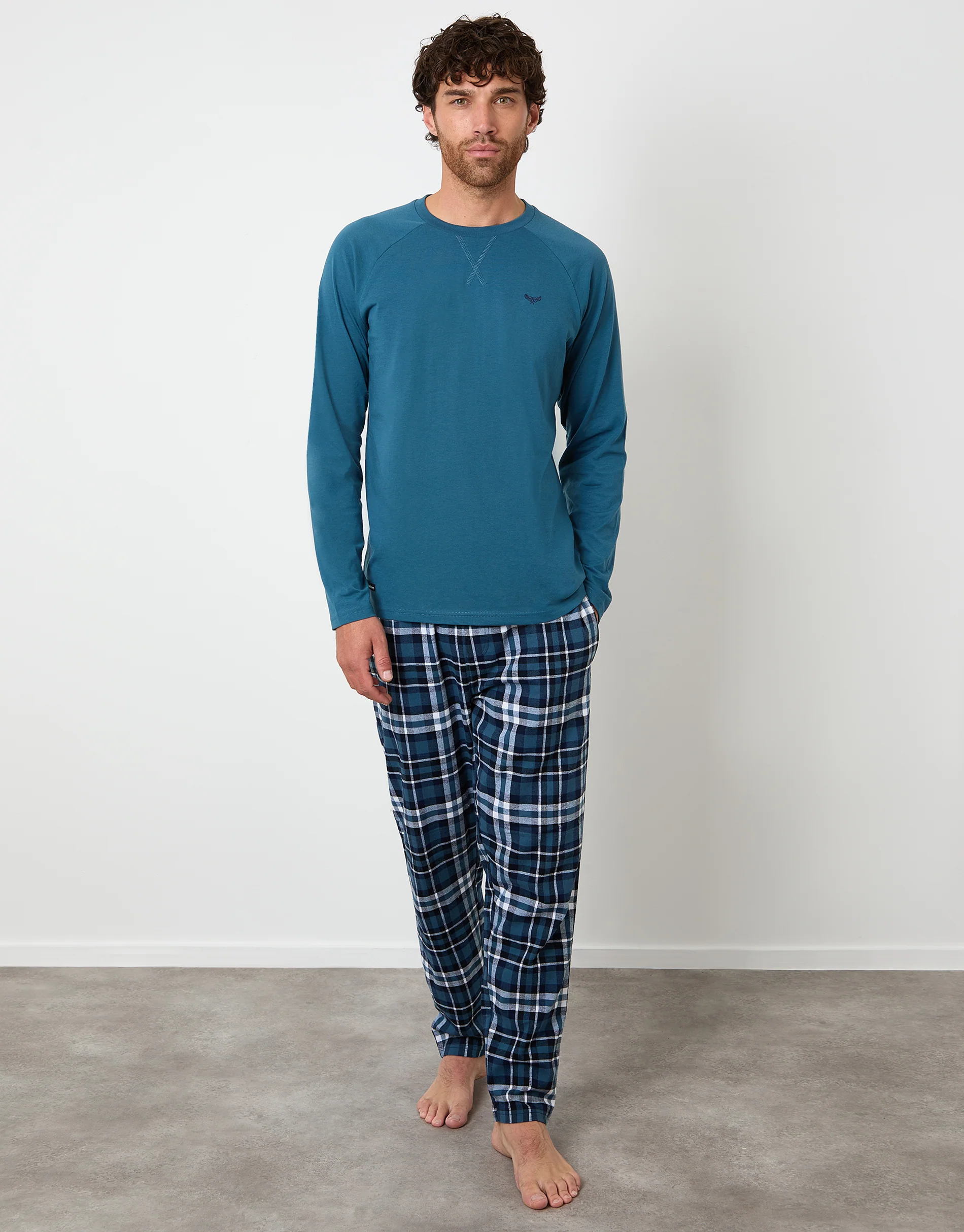 Long Pyjama Sweatshirt & Pants Set in Teal Green & Navy Check