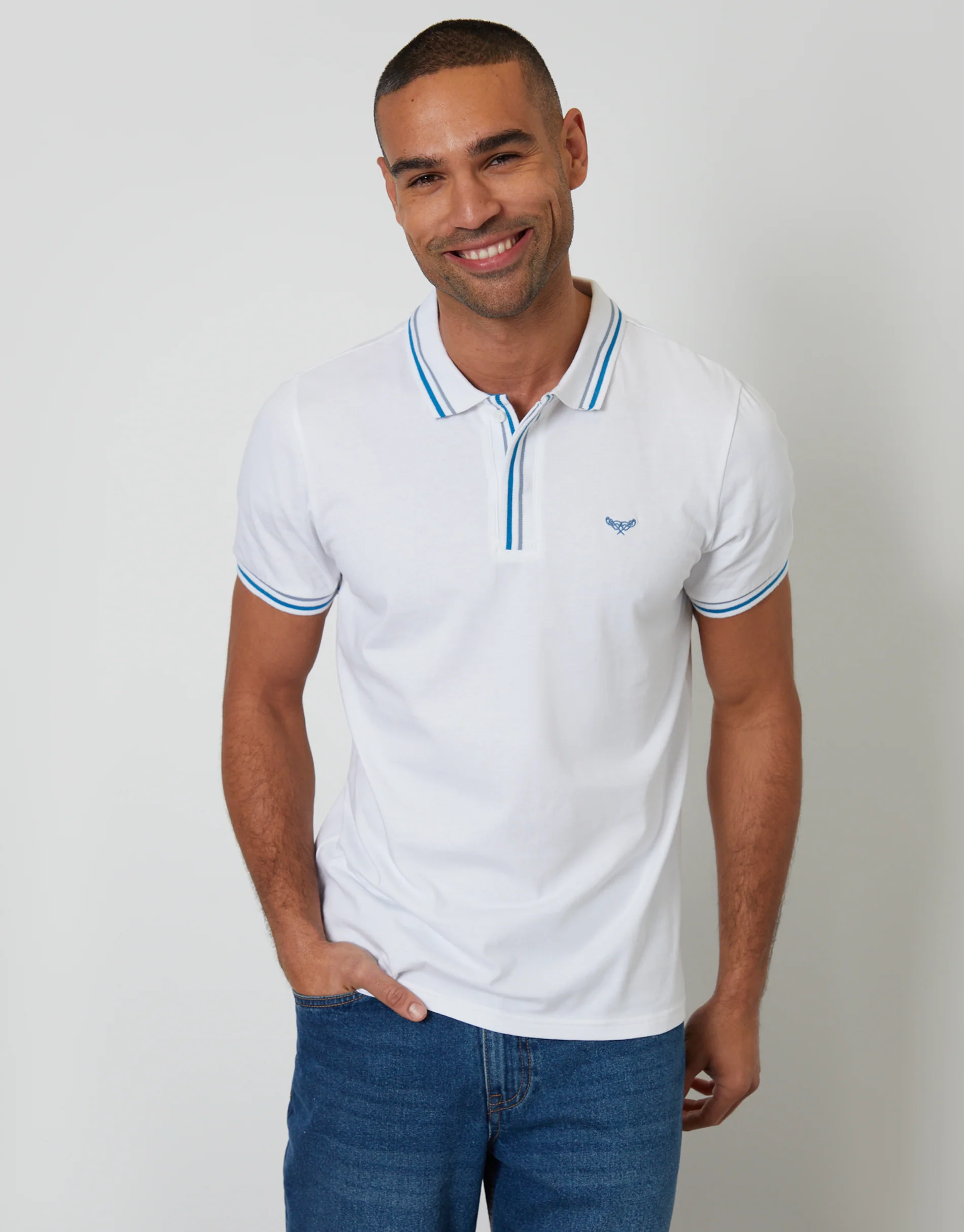 Contrast Tipping Hidden Placket Polo Shirt in White