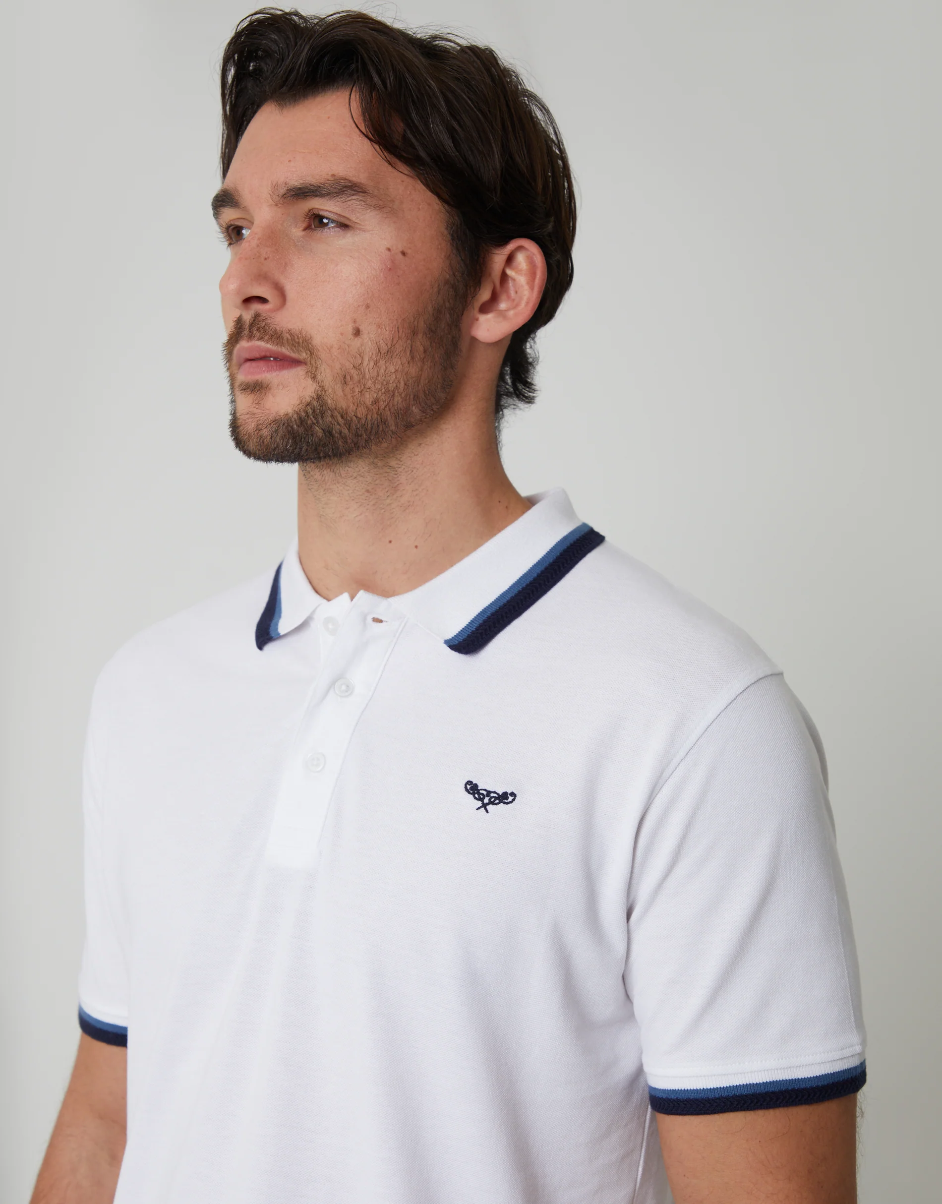 Herringbone Tipping Detail Pique Polo Shirt in White - Image 4
