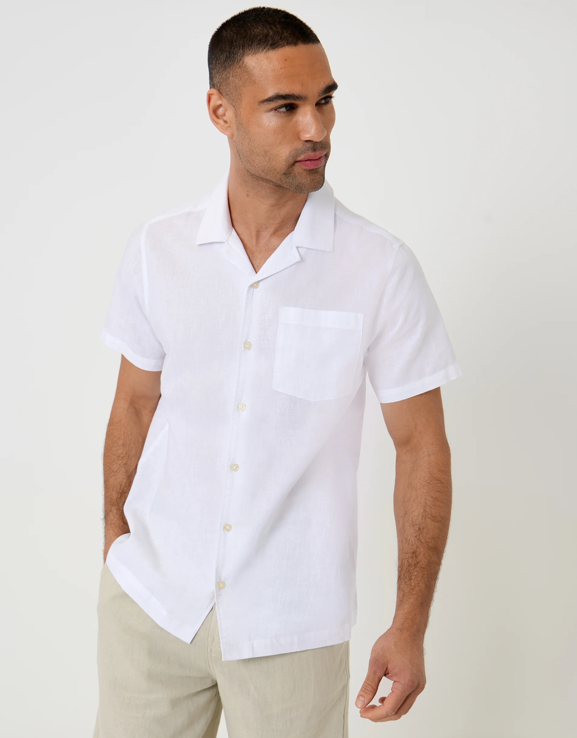 Linen Cotton Blend Short Sleeve Shirt in White