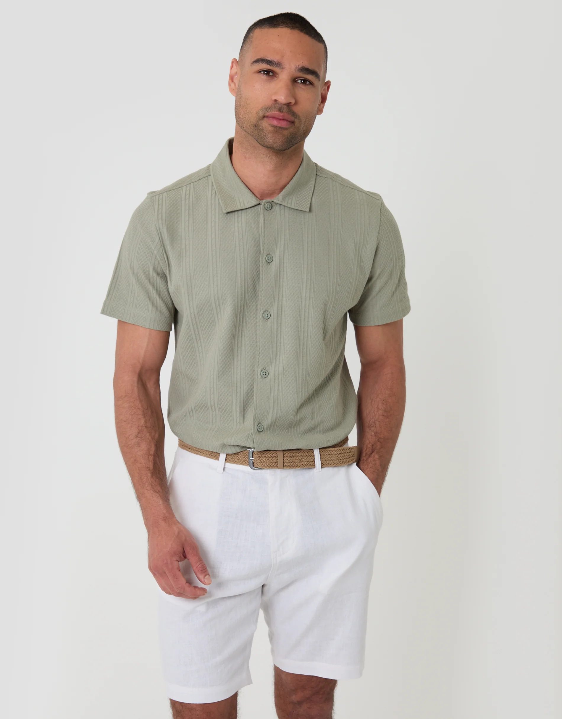 Regular Fit Linen Blend Shorts with Belt in White