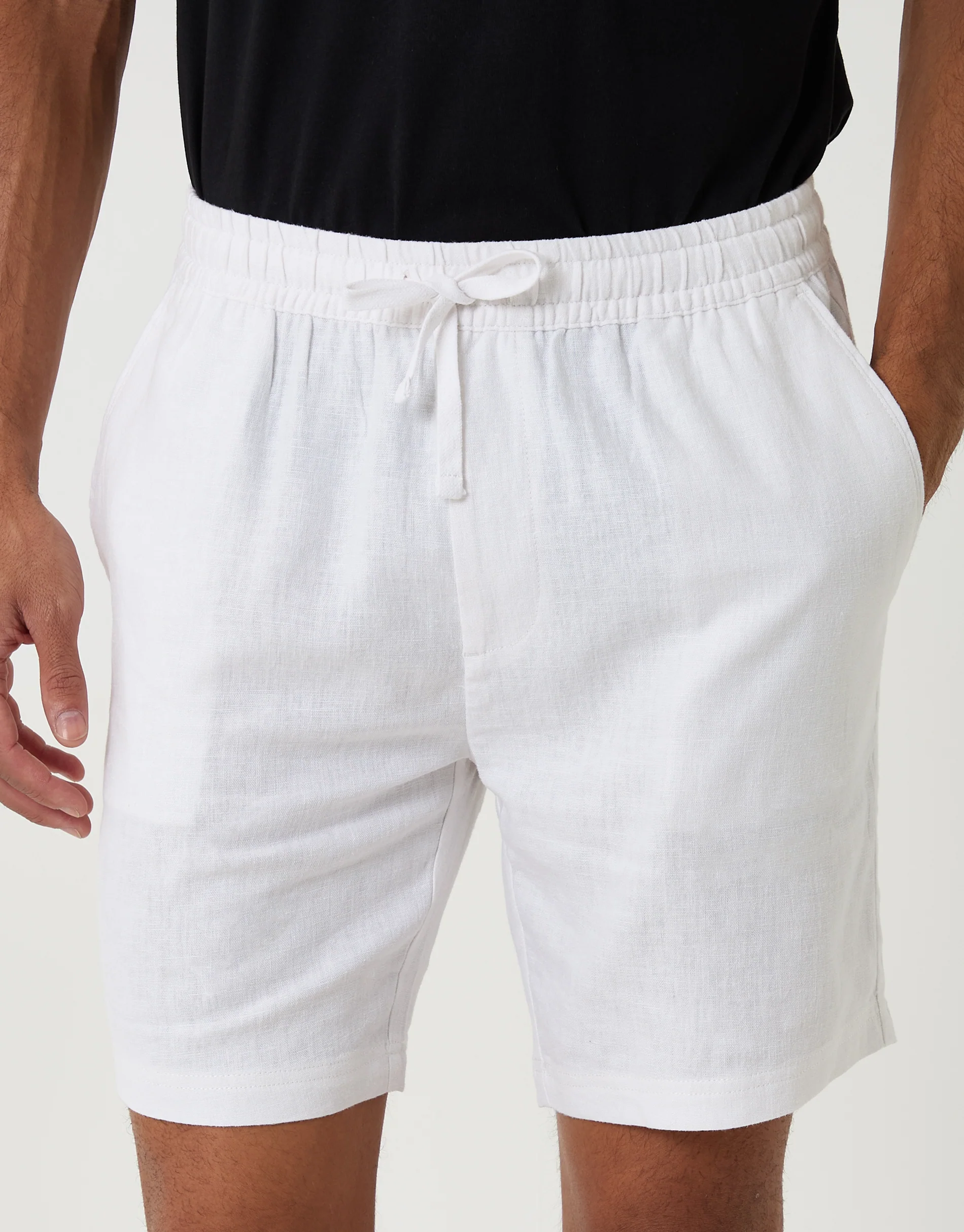 Shorter Length Elasticated Waist Linen Blend Shorts in White - Image 4