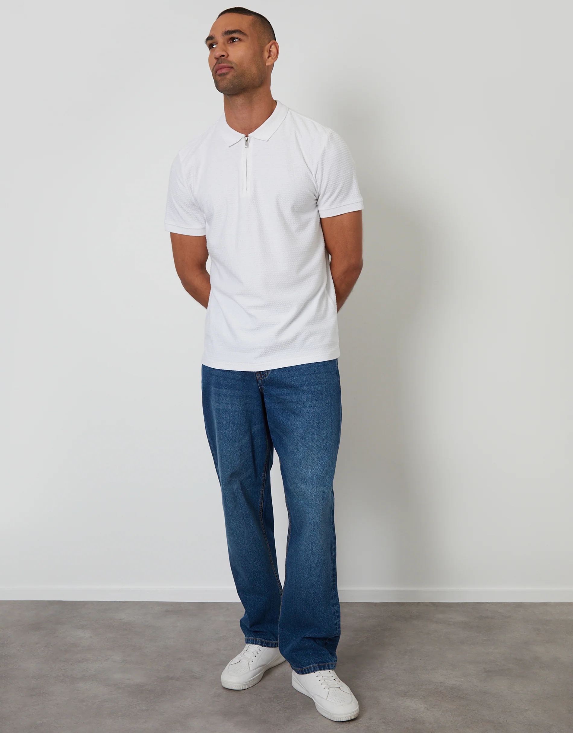 Textured Quarter Zip Polo Shirt in White - Image 3