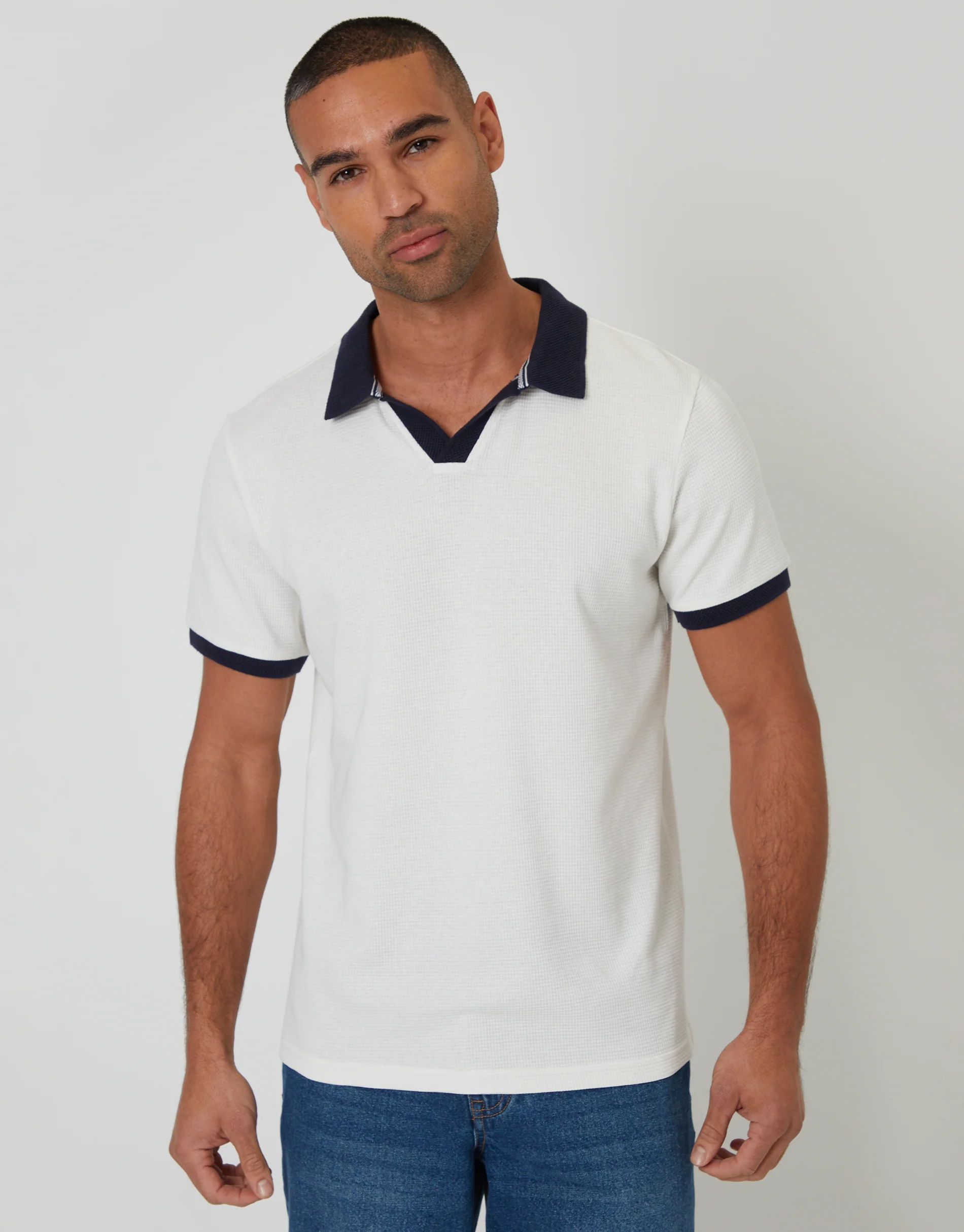 Trophy Neck Waffle Polo Shirt in White