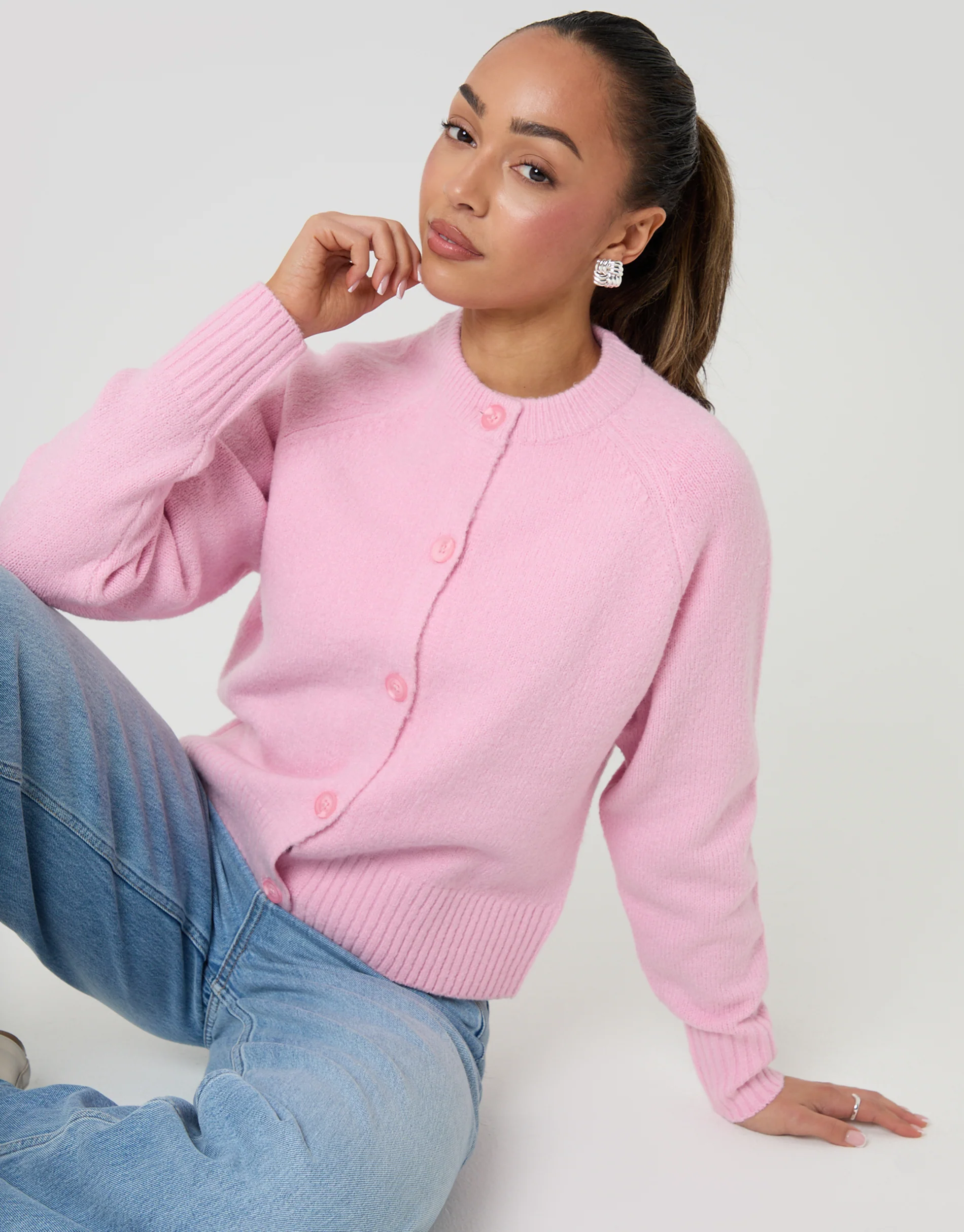 Button Up Knitted Cardigan in Baby Pink