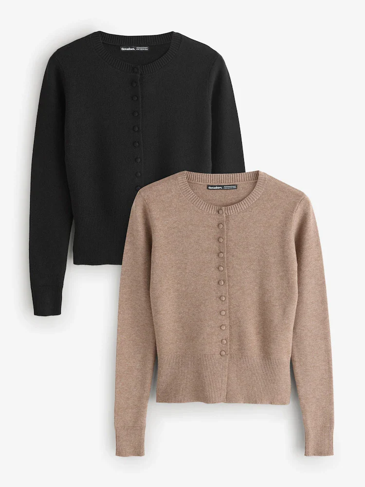2 Pack Crew Neck Compact Knitted Cardigan in Beige & Black