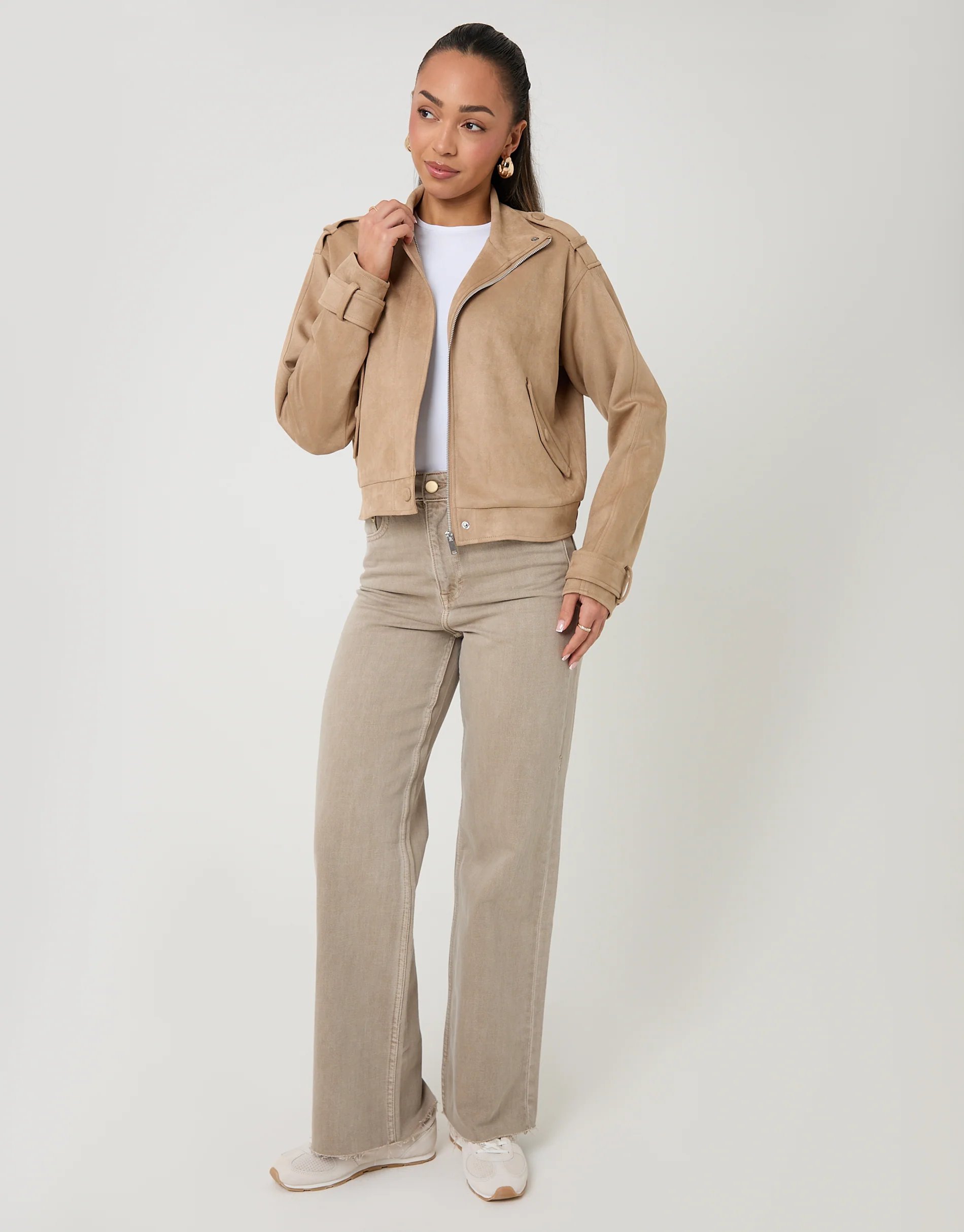 Faux Suede Funnel Neck Bomber Jacket in Beige - Image 3