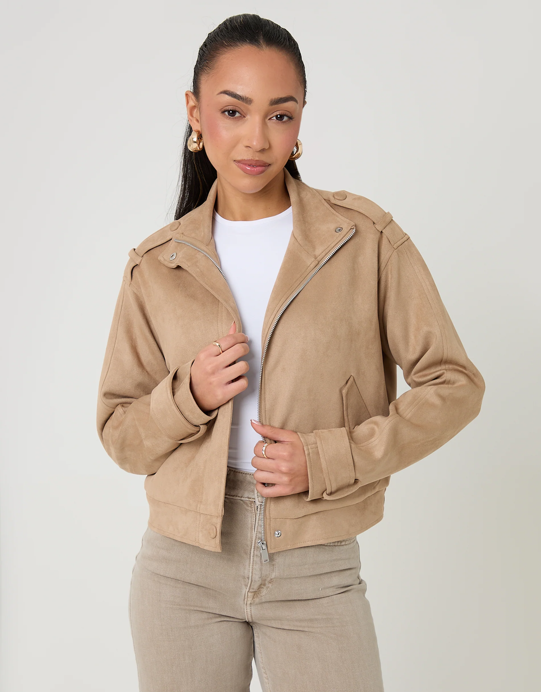 Faux Suede Funnel Neck Bomber Jacket in Beige - Image 4