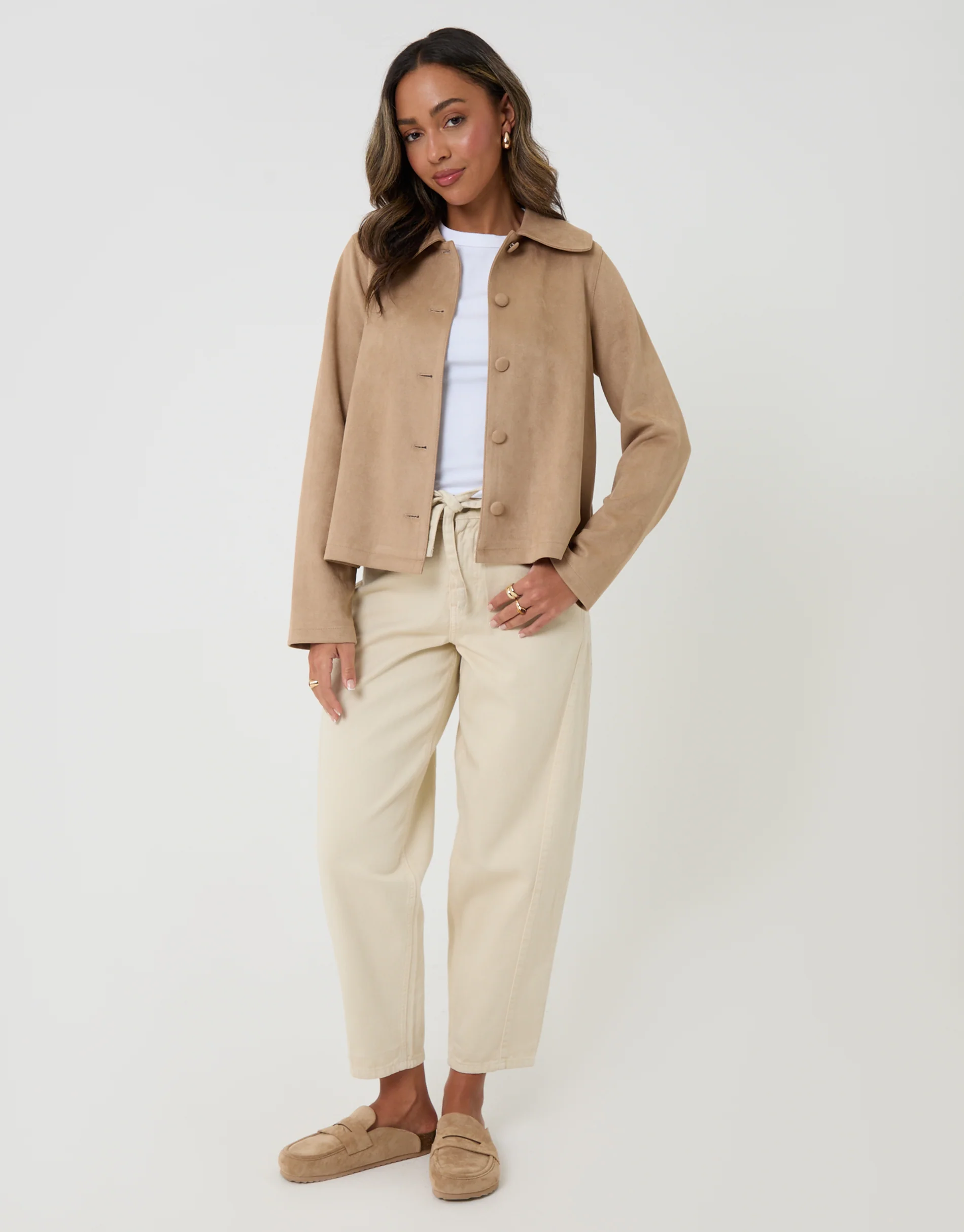 Faux Suede Peter Pan Collar Cropped Jacket in Beige - Image 3
