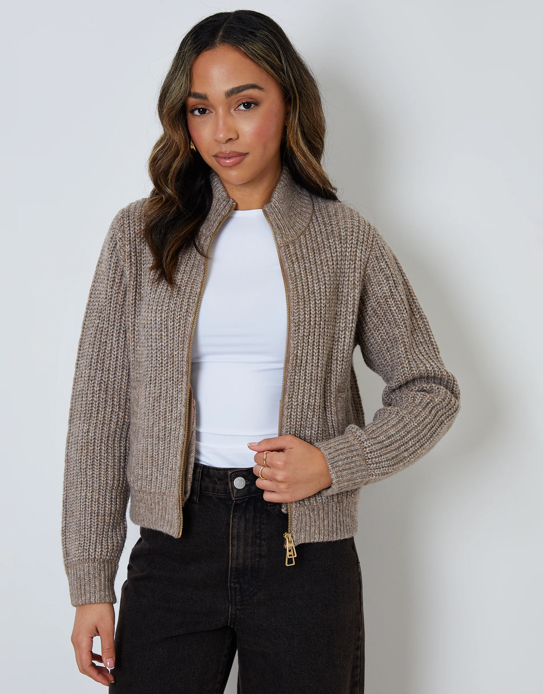 Zip Through Knitted Bomber in Beige