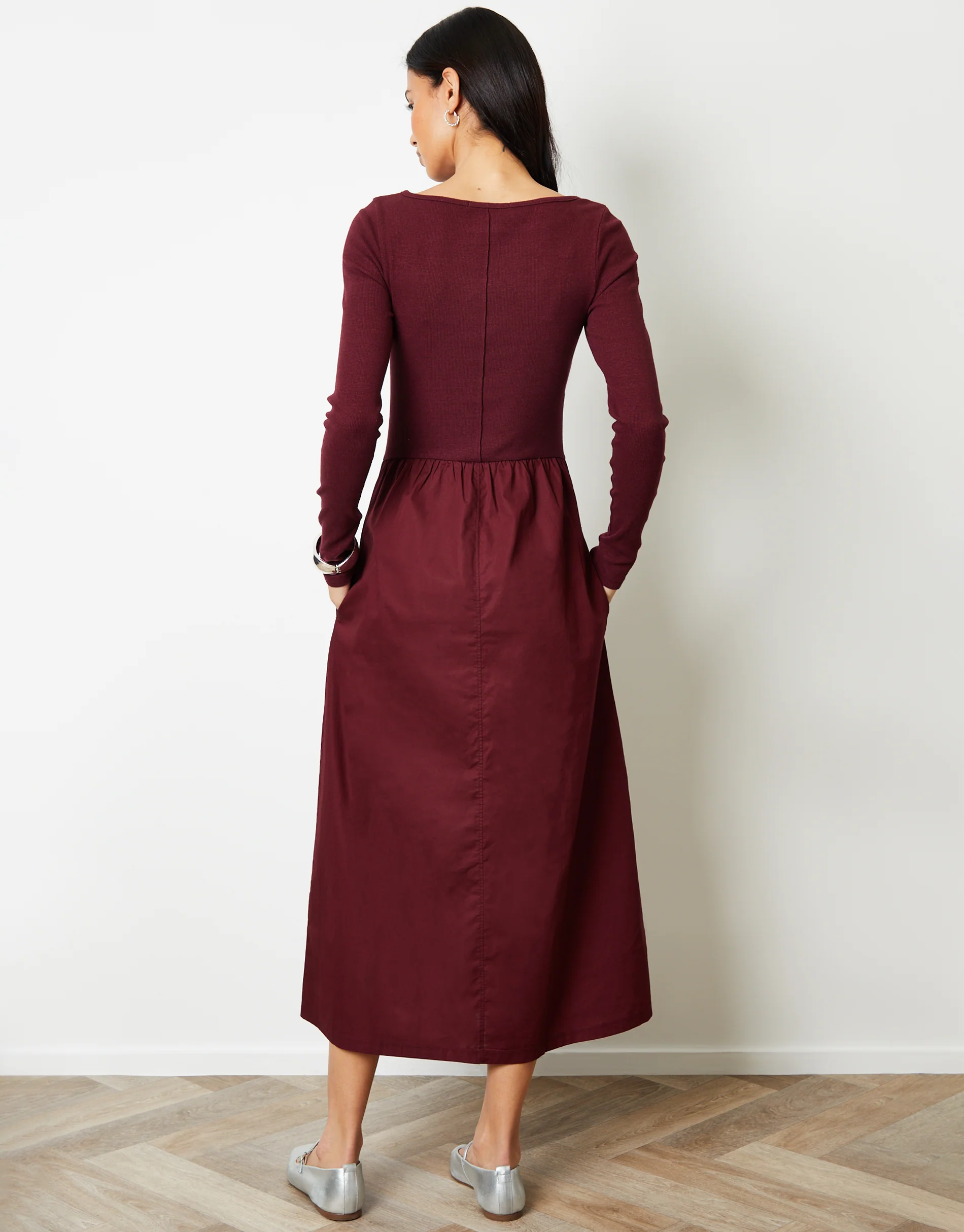 2-in-1 Jersey Poplin Mix Slash Neck Long Sleeve Dress in Berry Red - Image 2
