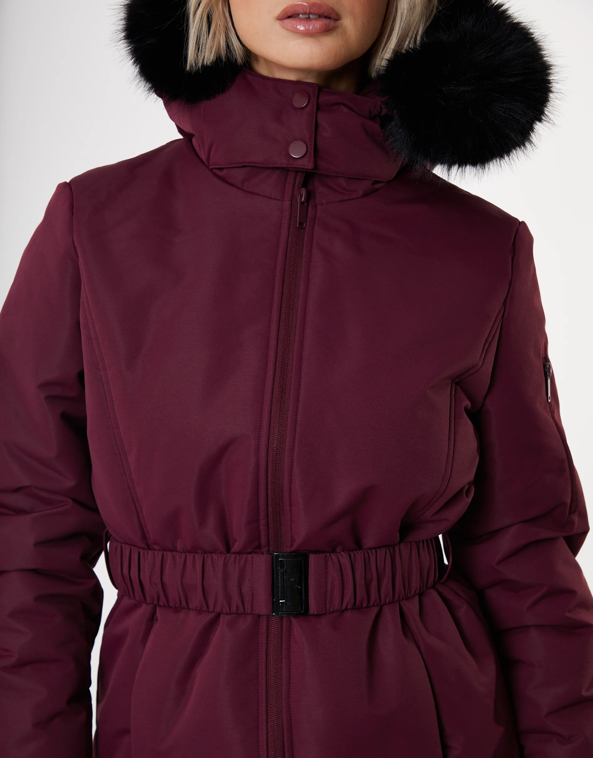 Belted Padded Ski Jacket in Berry Red - Image 3