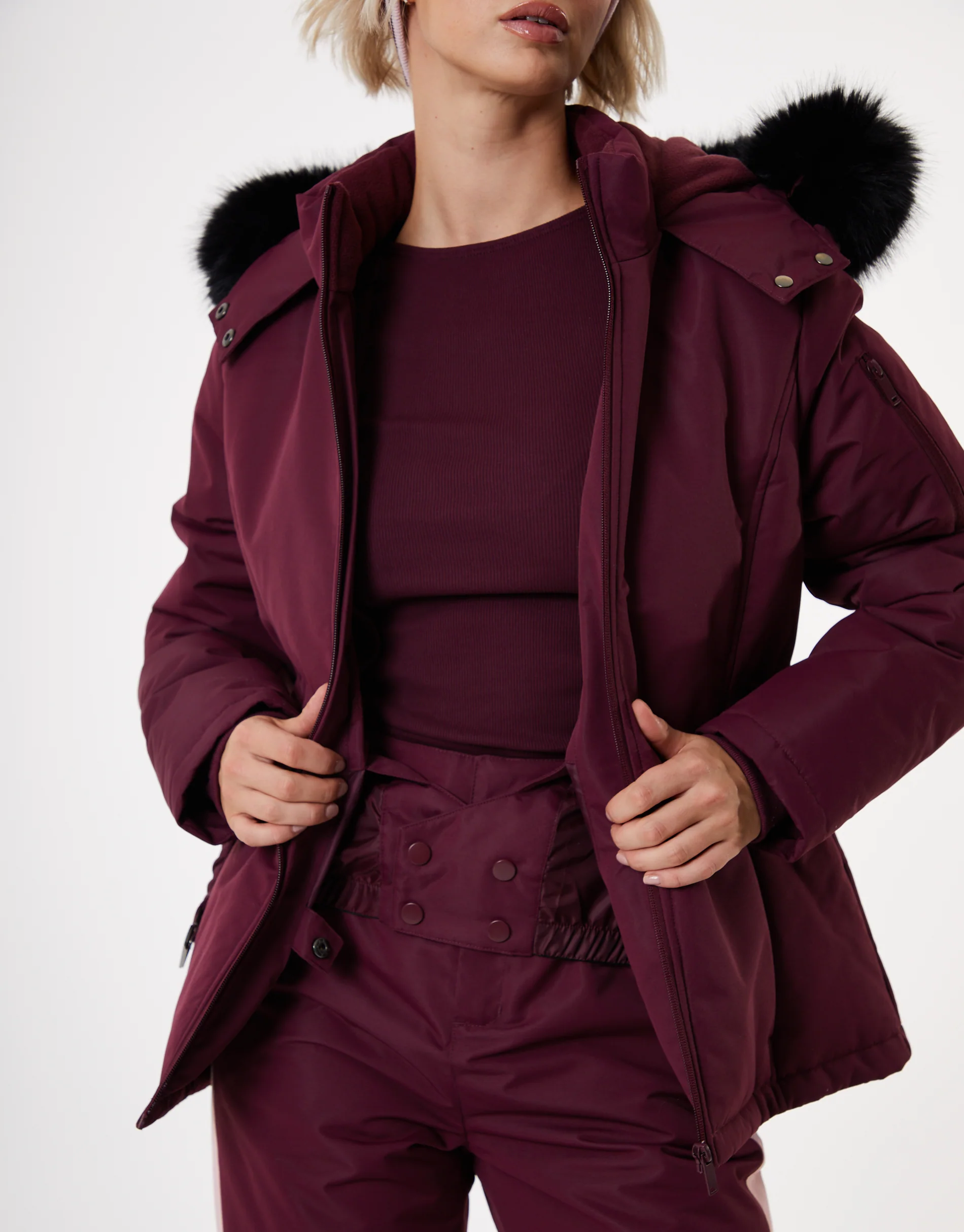 Belted Padded Ski Jacket in Berry Red - Image 4
