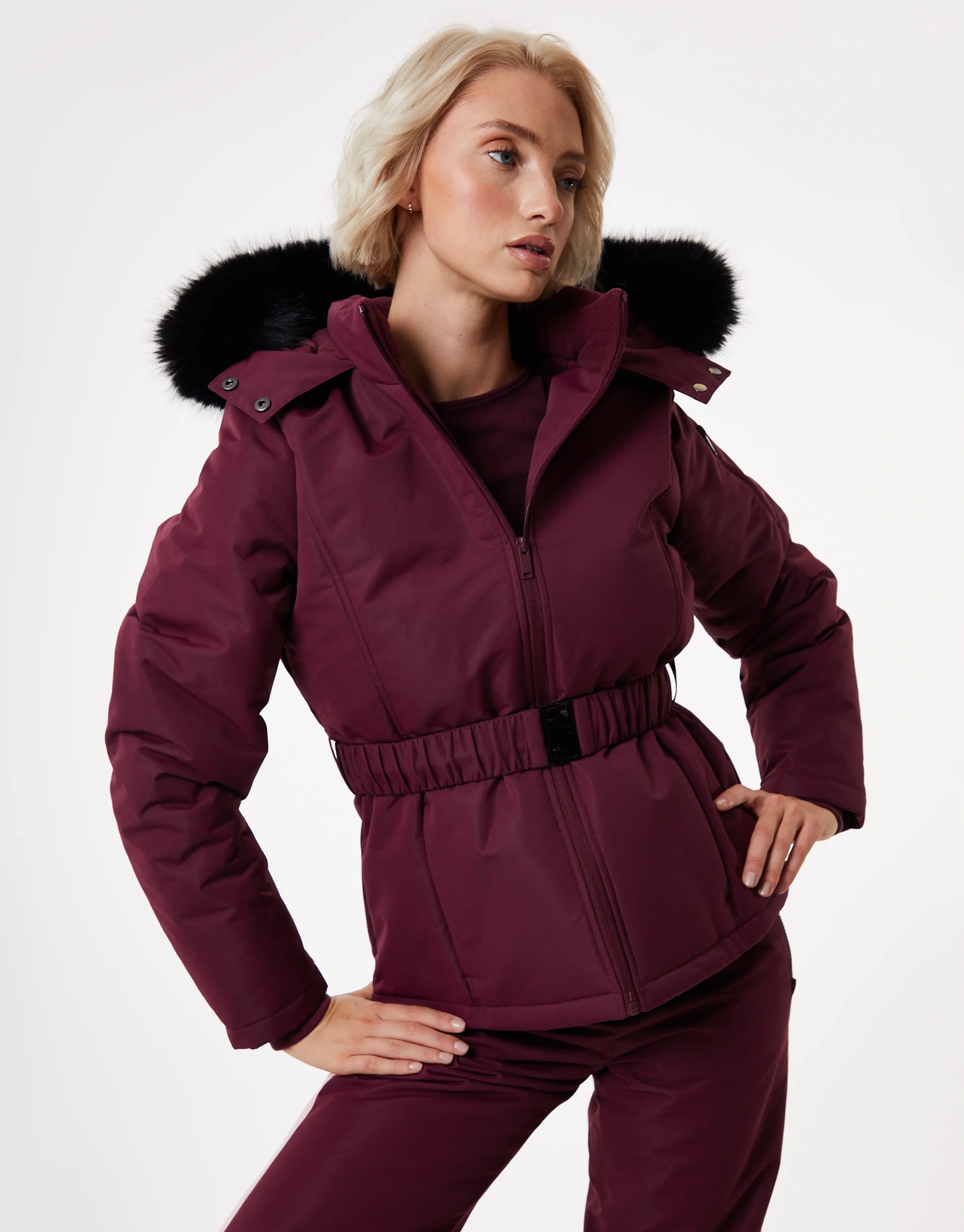 Belted Padded Ski Jacket in Berry Red - Image 6