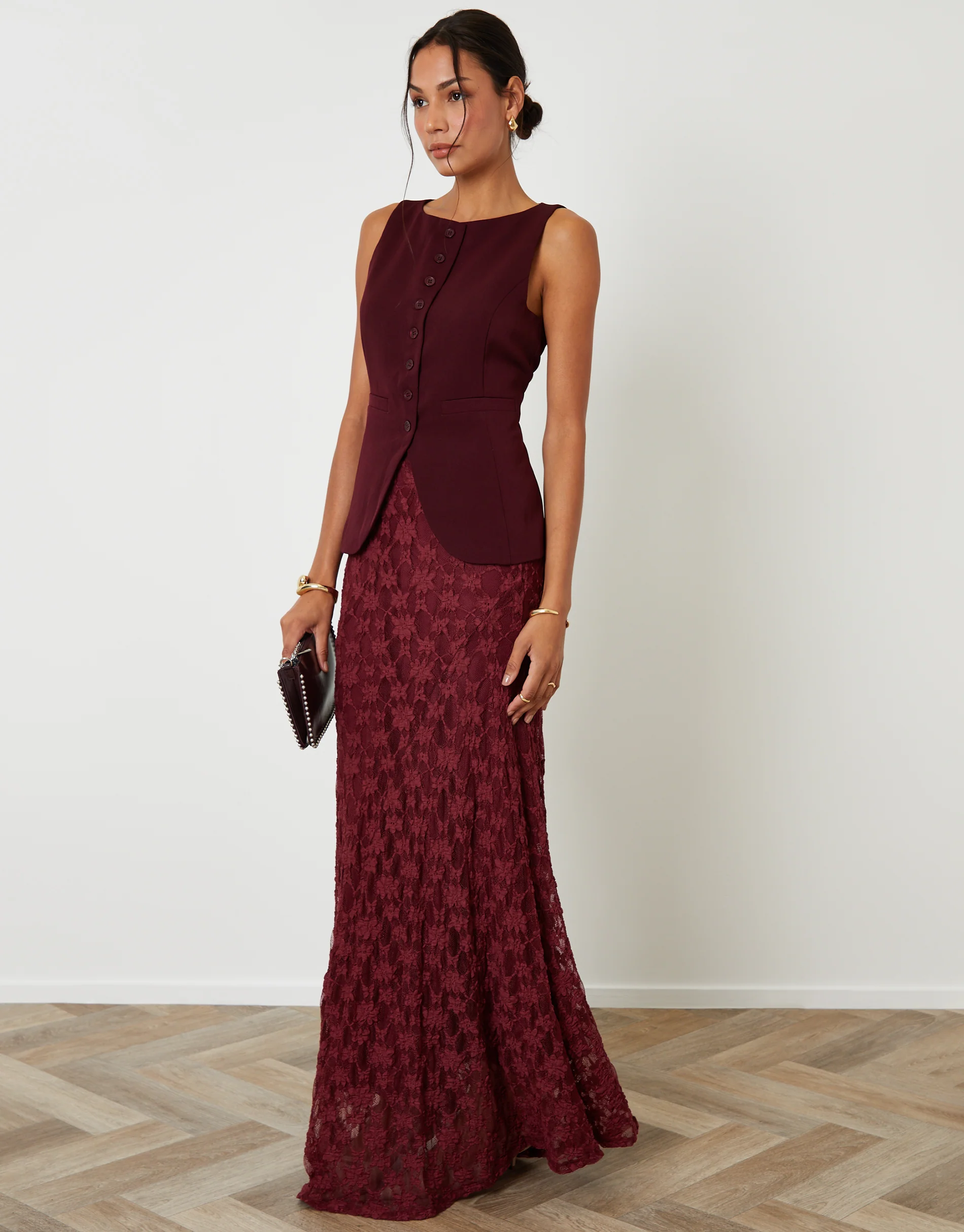Boat Neck Longline Waistcoat in Berry Red - Image 3