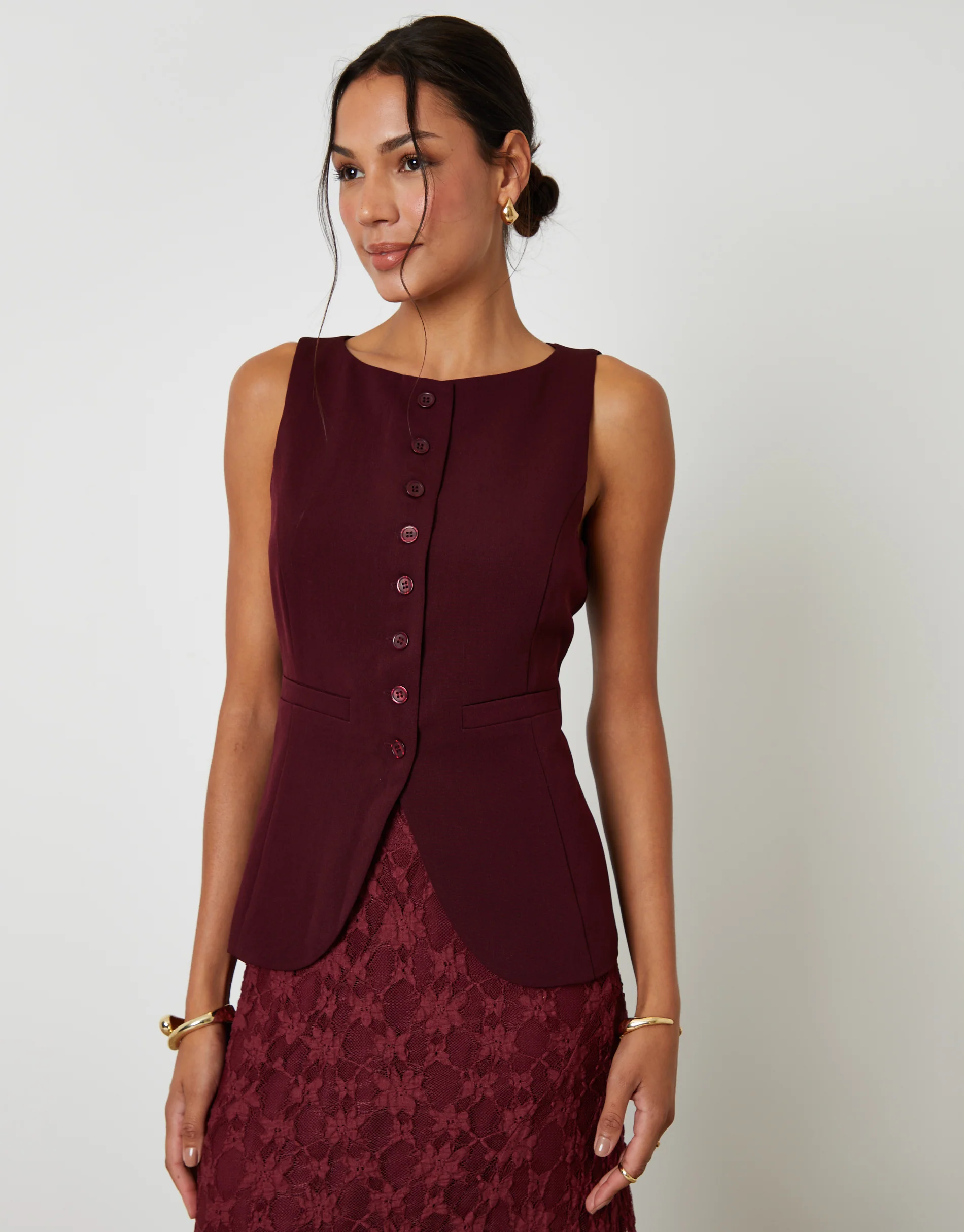 Boat Neck Longline Waistcoat in Berry Red - Image 4