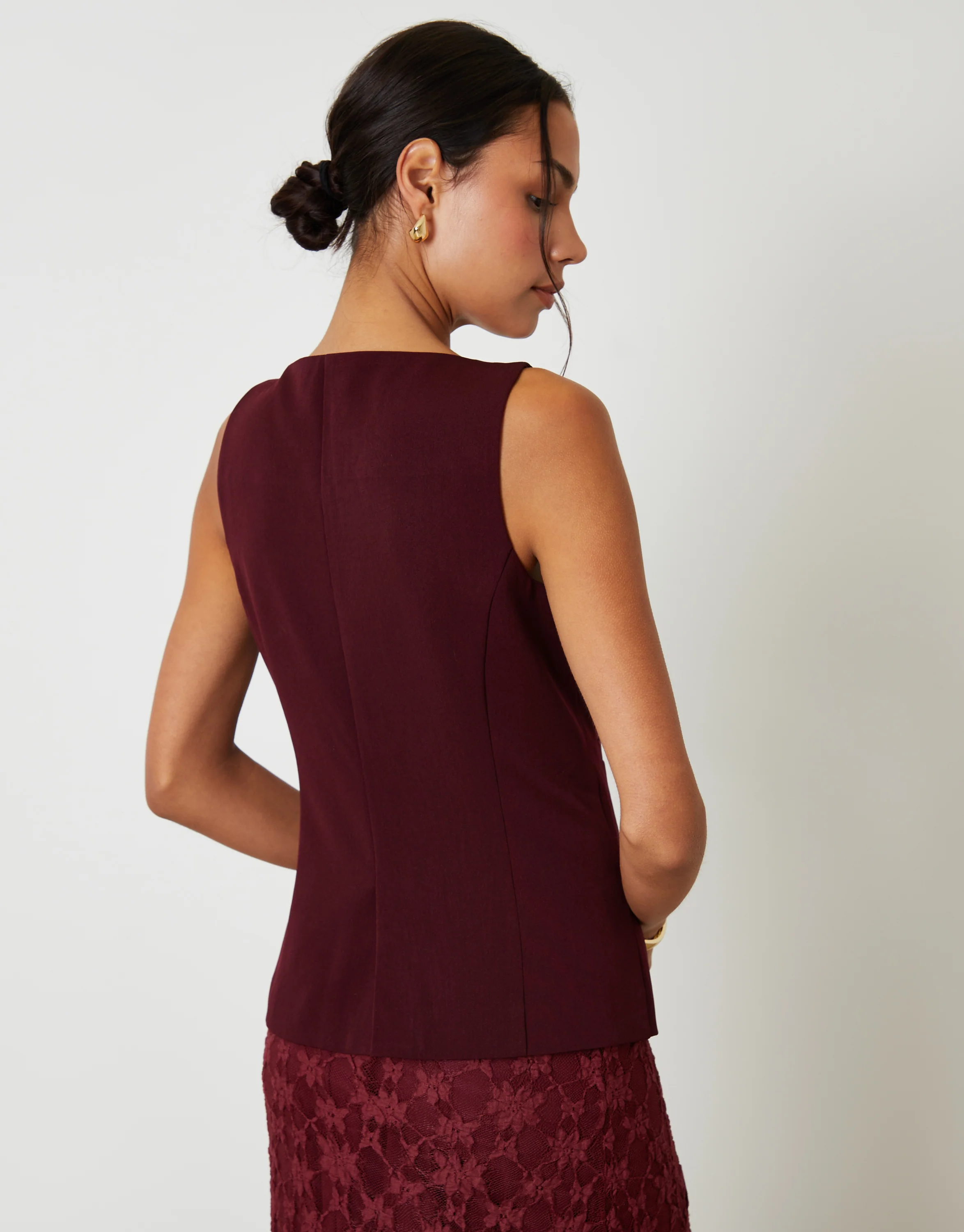 Boat Neck Longline Waistcoat in Berry Red - Image 5