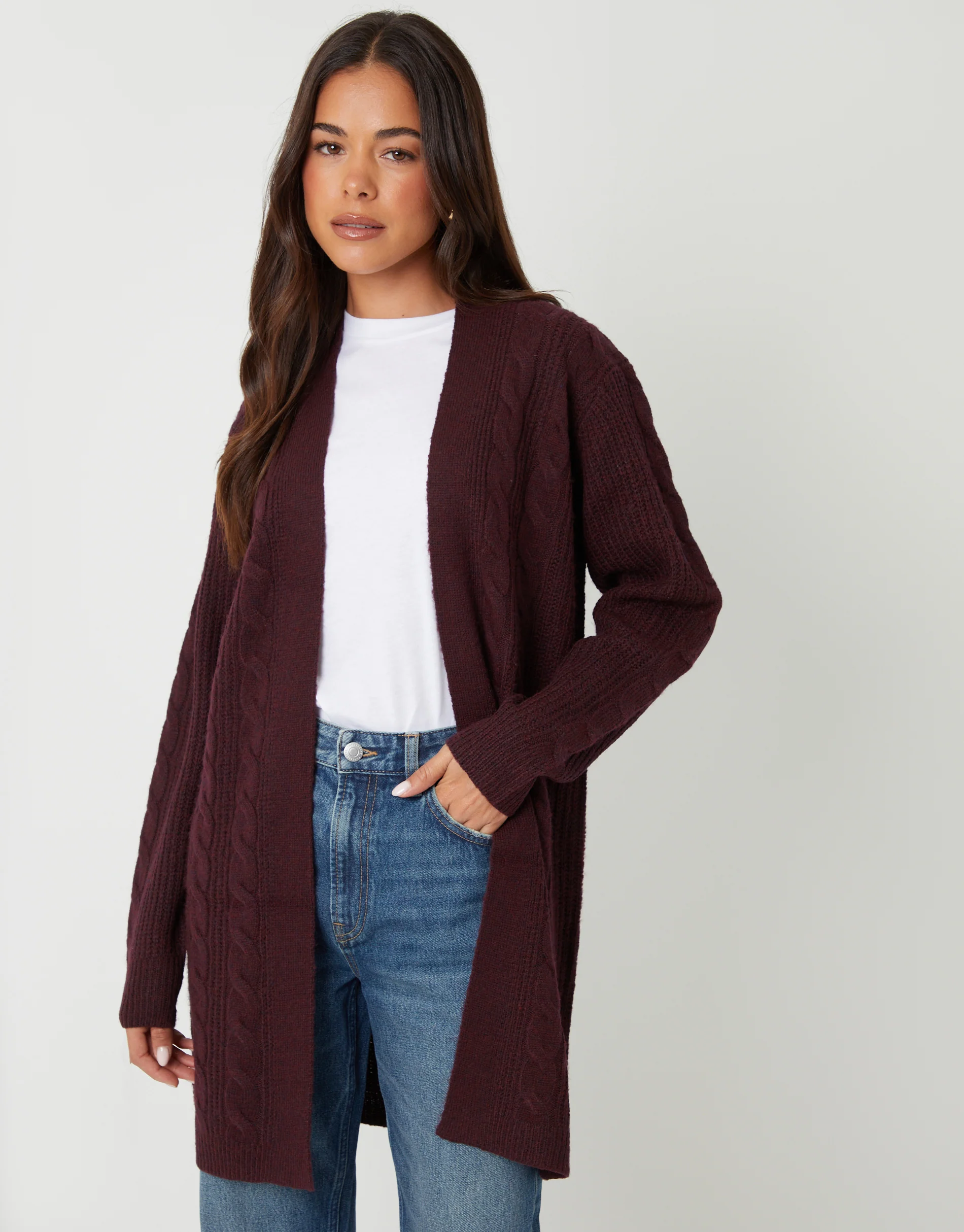 Cable Knit Cardigan in Berry Red - Image 2