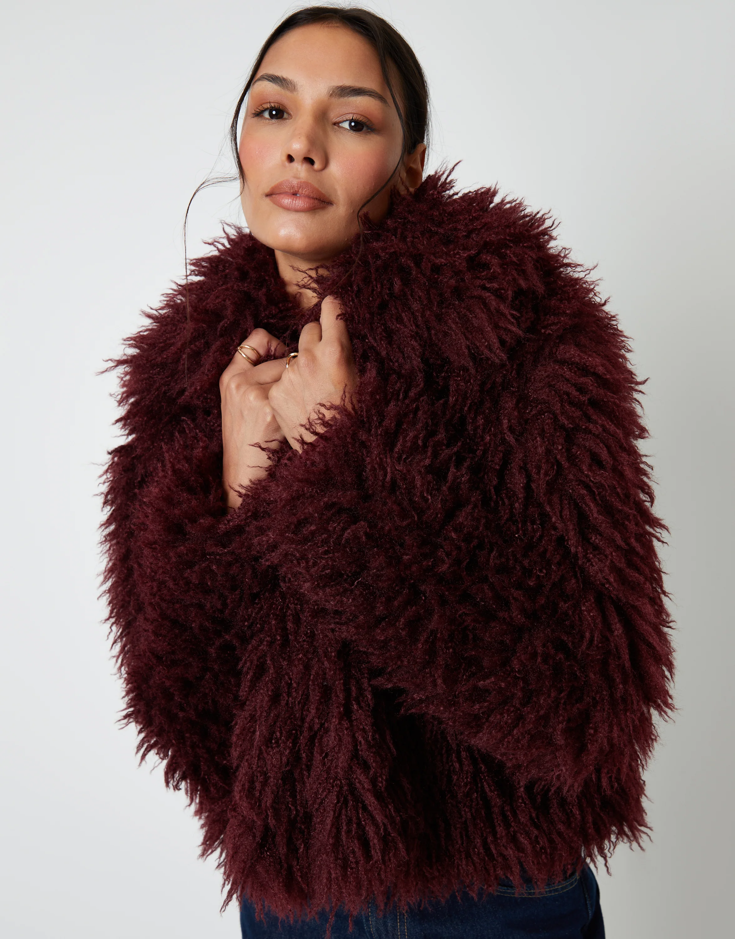Collared Faux Fur Coat in Berry Red - Image 4
