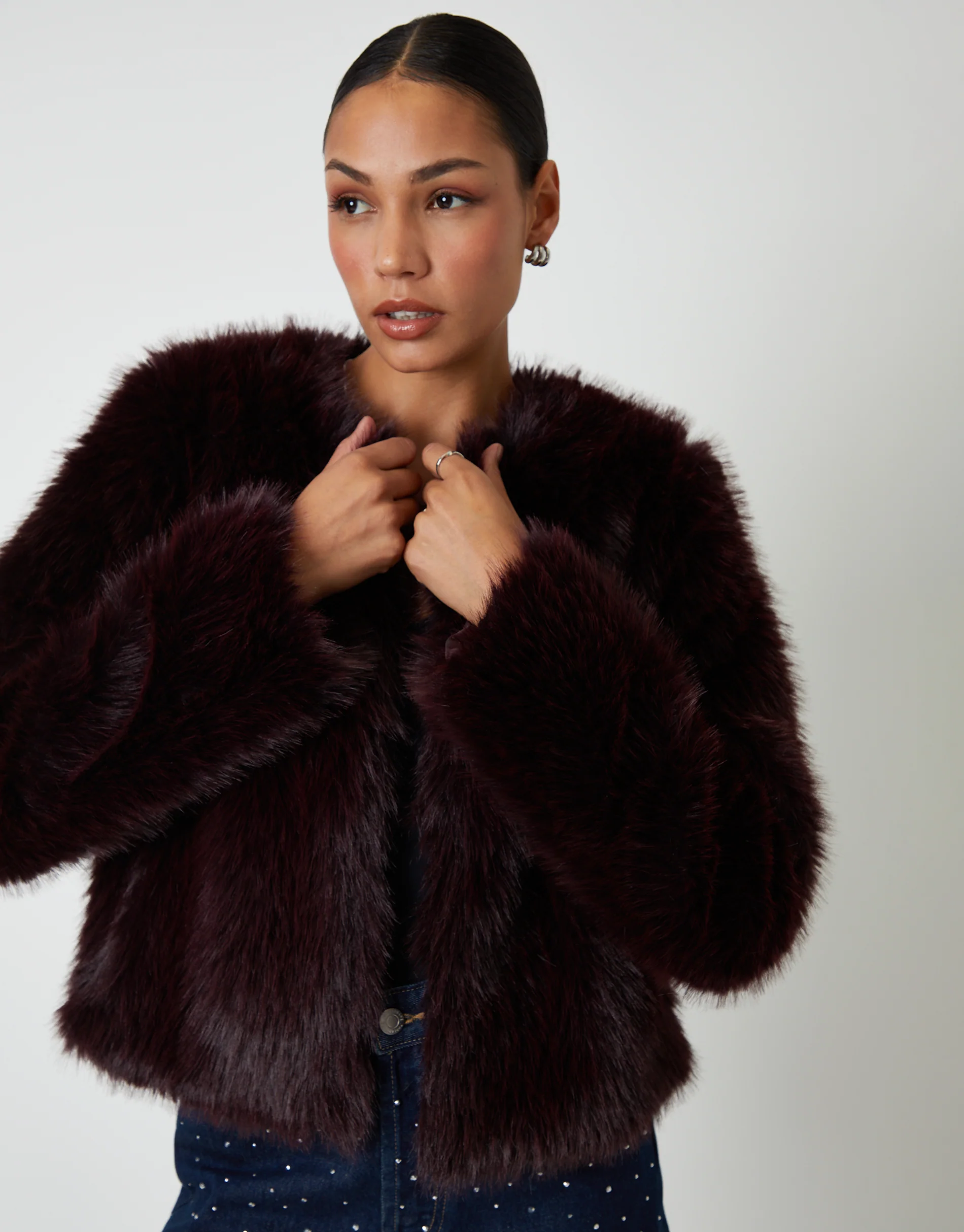 Collarless Faux Fur Coat in Berry Red