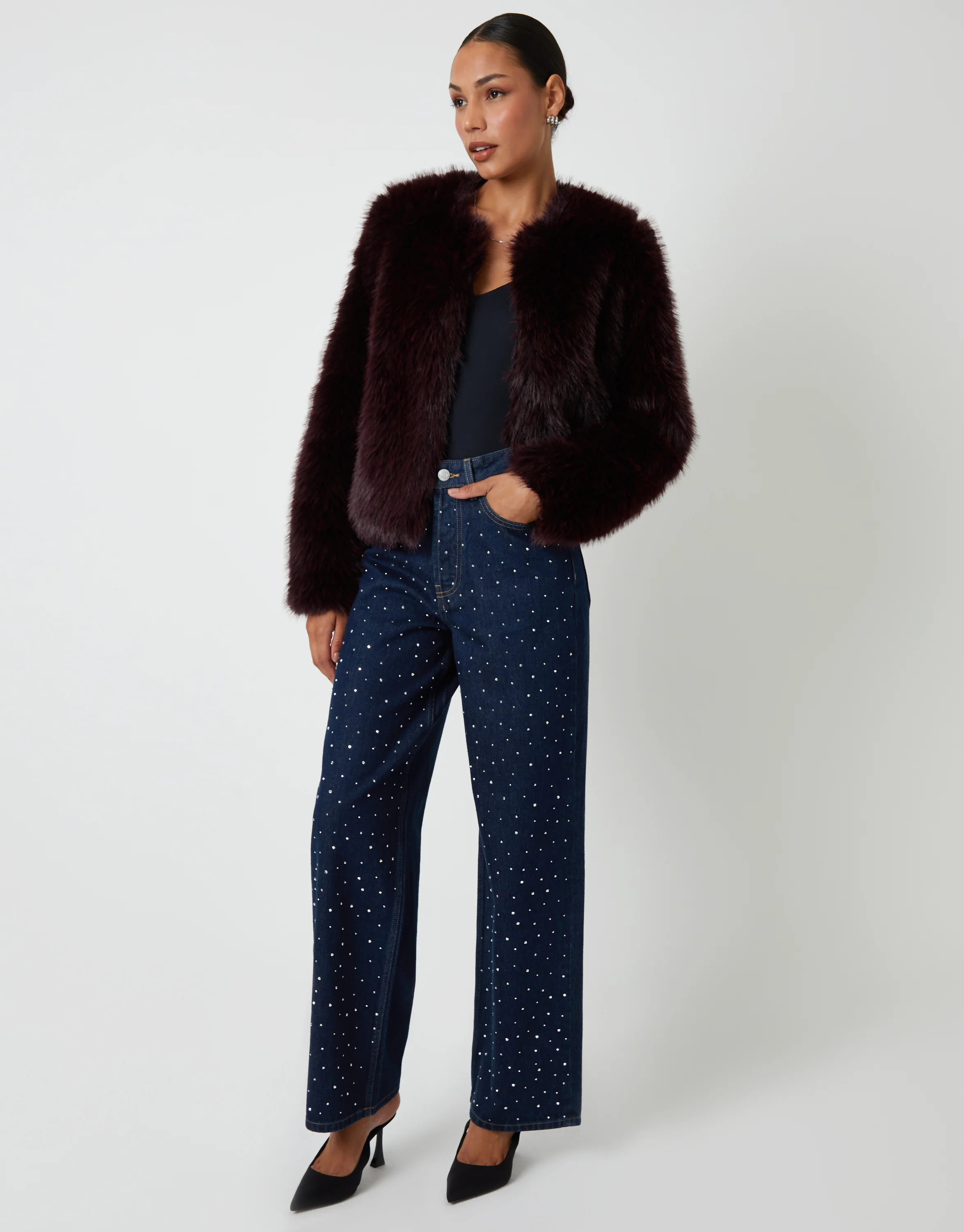 Collarless Faux Fur Coat in Berry Red - Image 3