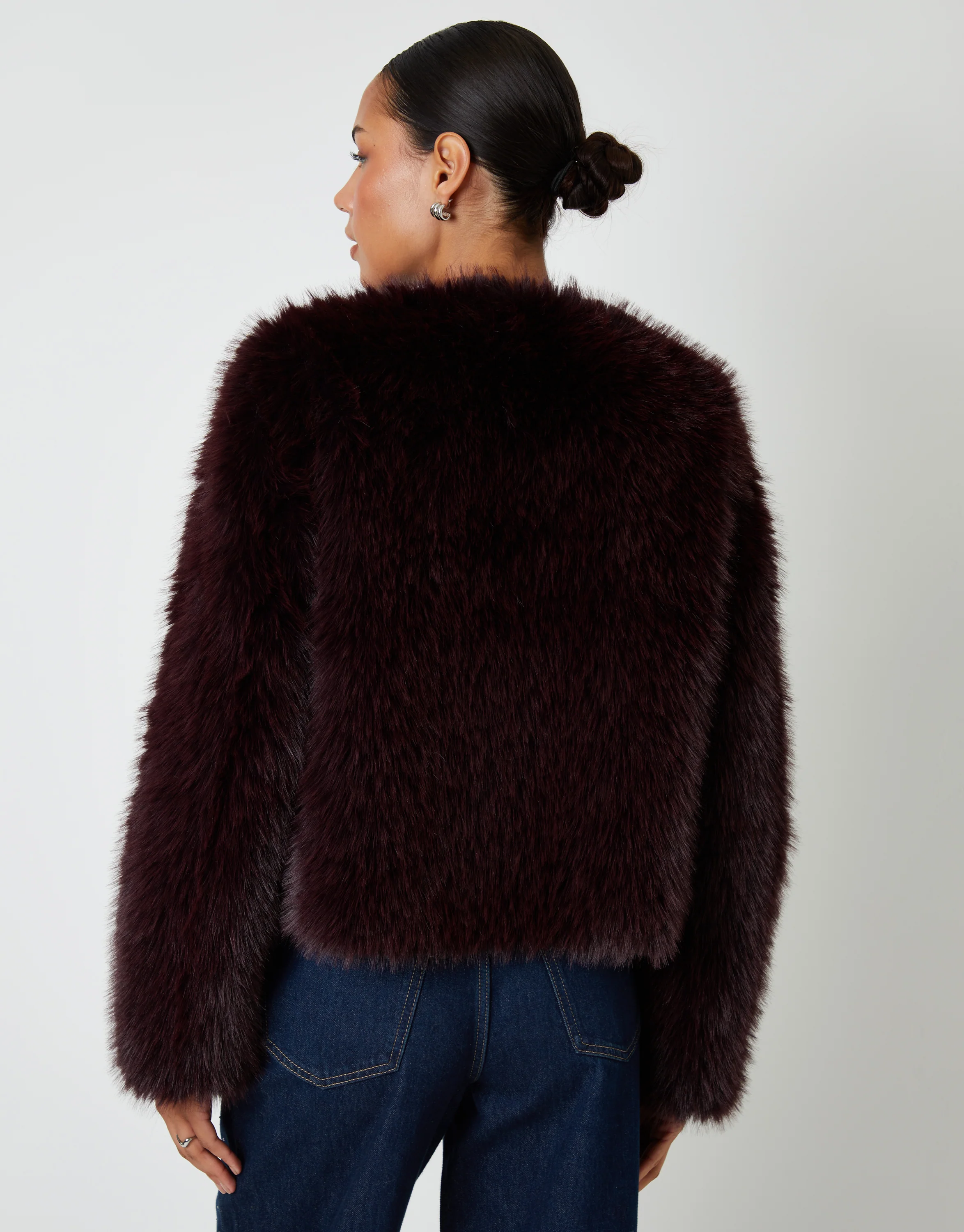 Collarless Faux Fur Coat in Berry Red - Image 4