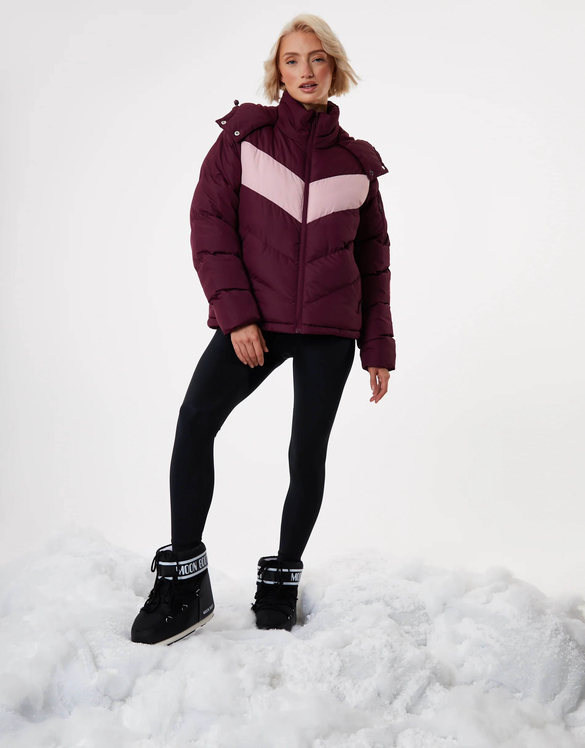 Contrast Chevron Padded Ski Jacket in Berry Red - Image 6