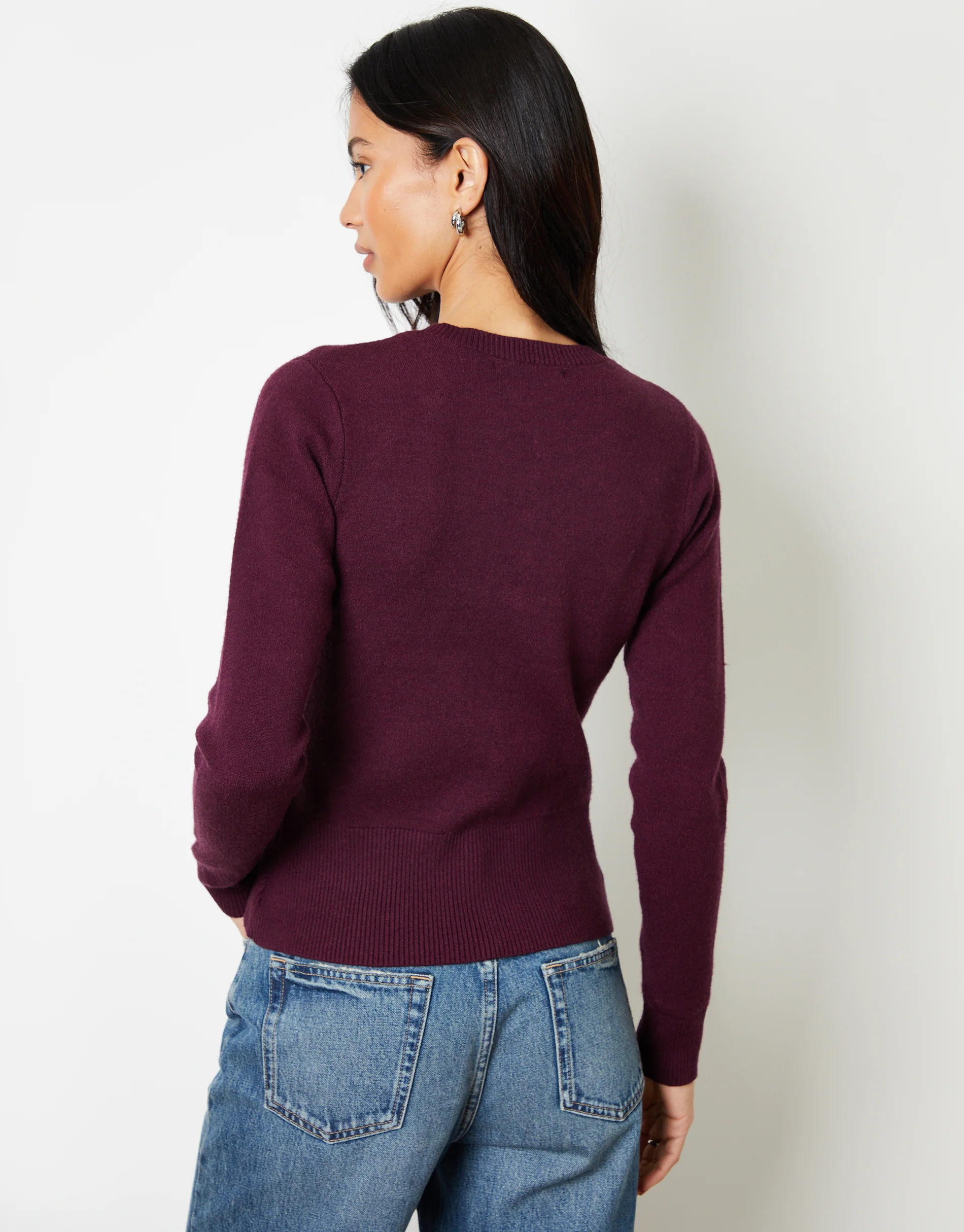 Crew Neck Compact Knitted Cardigan in Berry Red - Image 4