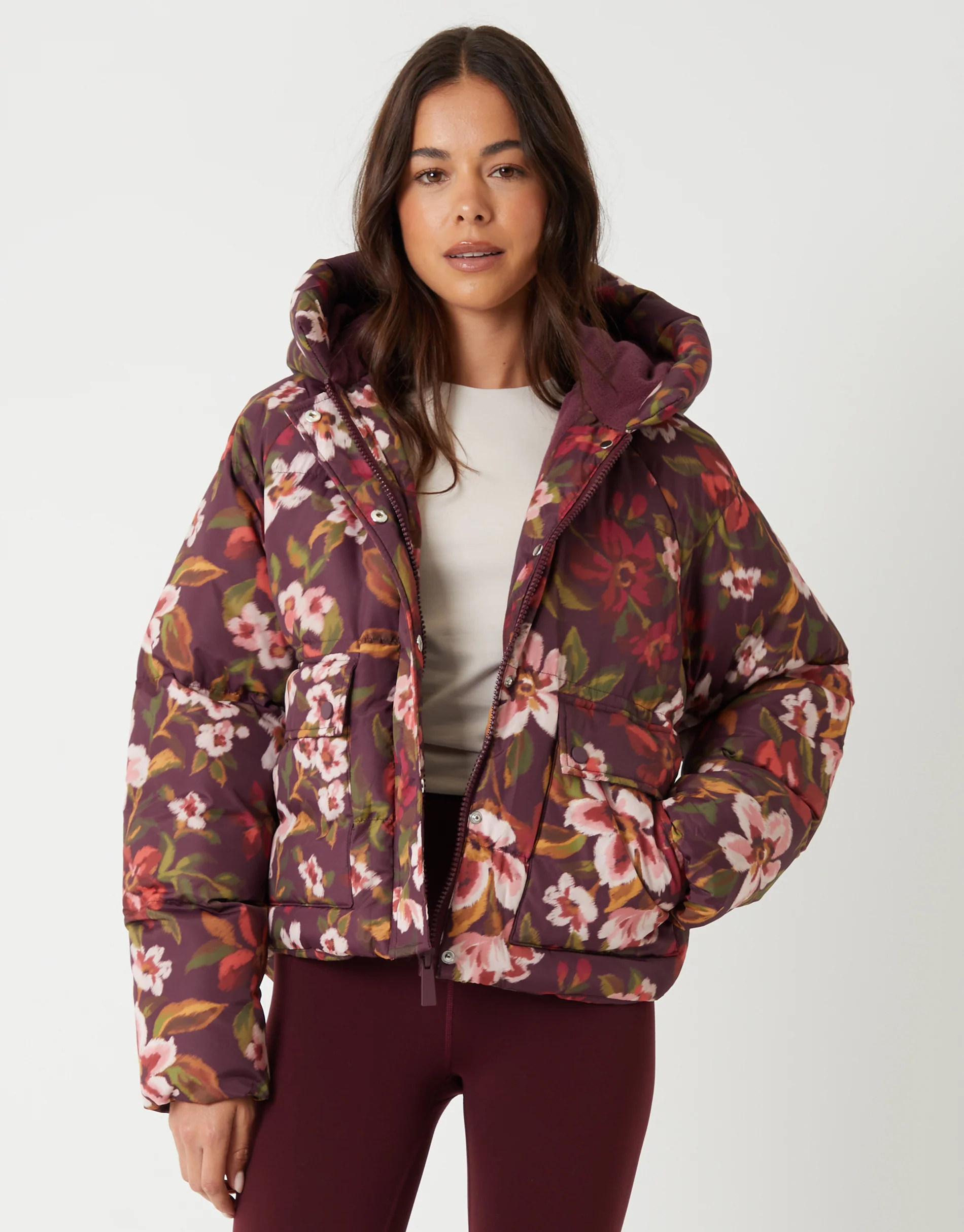 Floral Print Hooded Padded Jacket in Berry Red