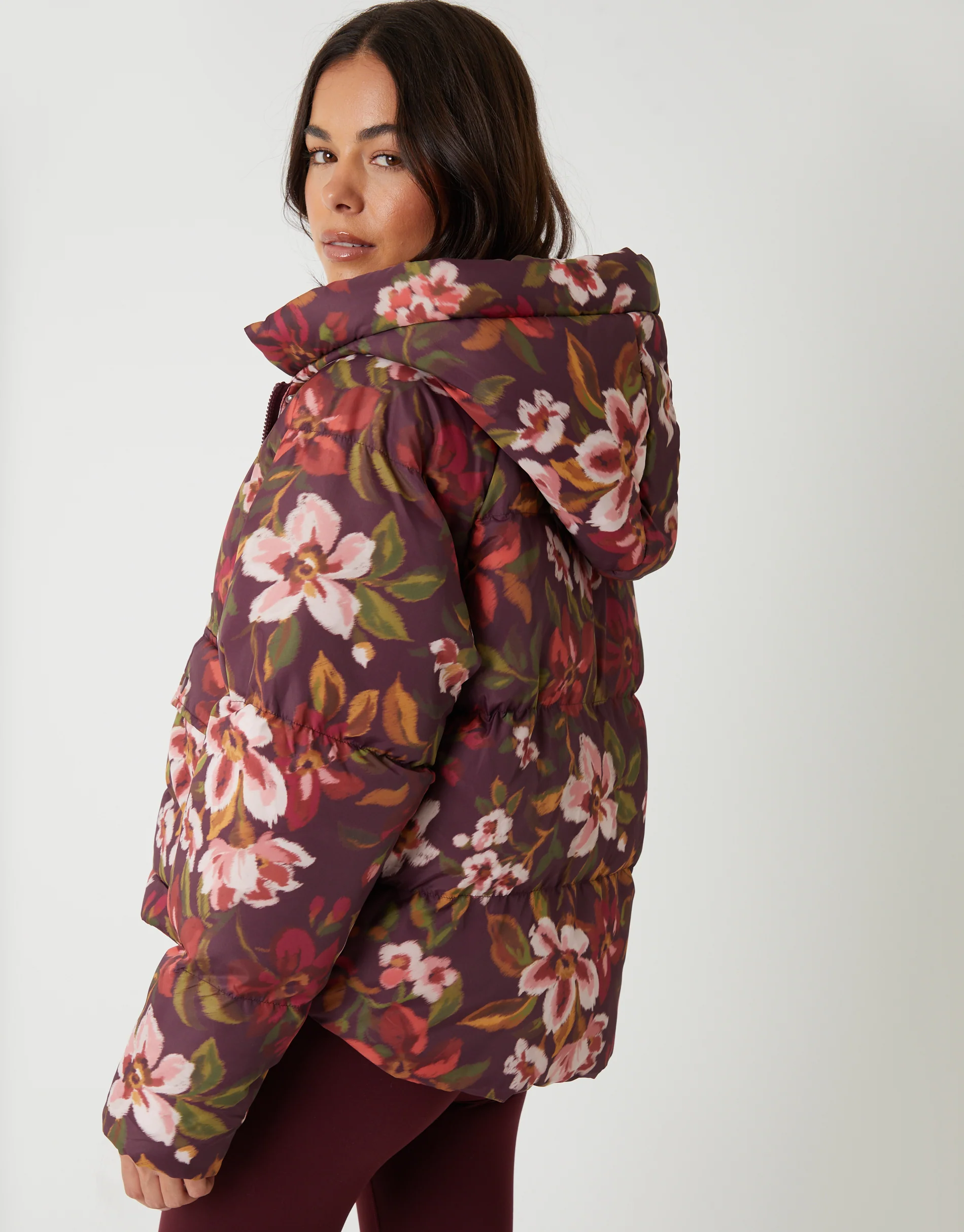 Floral Print Hooded Padded Jacket in Berry Red - Image 2