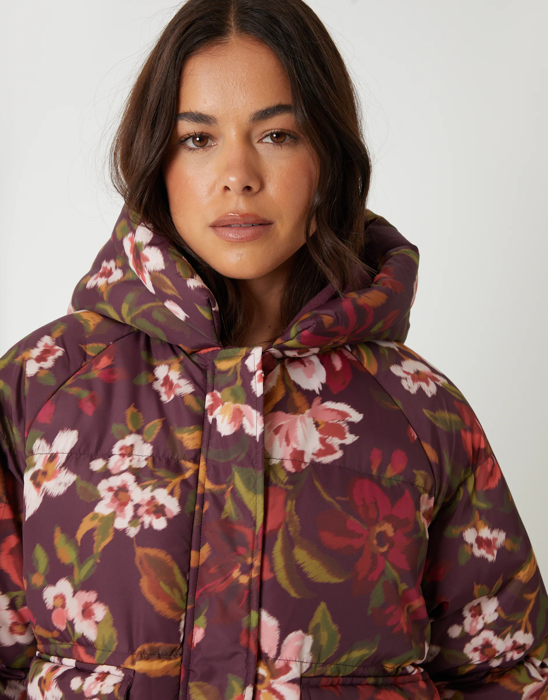 Floral Print Hooded Padded Jacket in Berry Red - Image 3