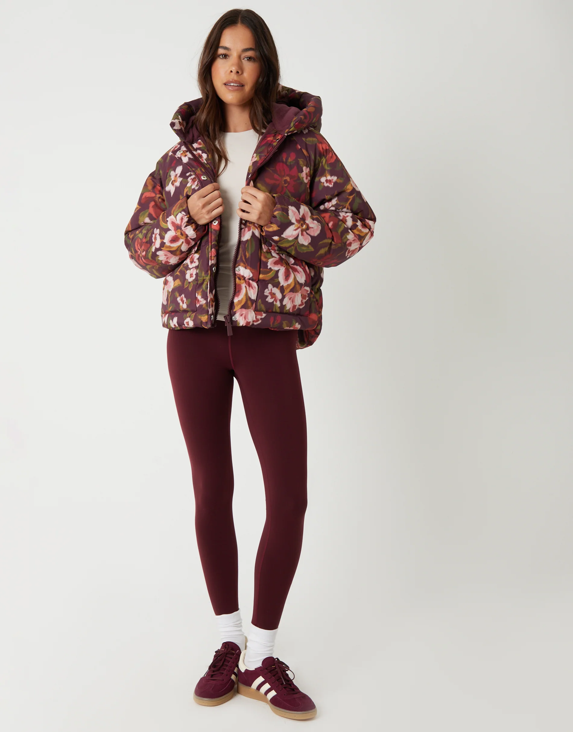 Floral Print Hooded Padded Jacket in Berry Red - Image 4